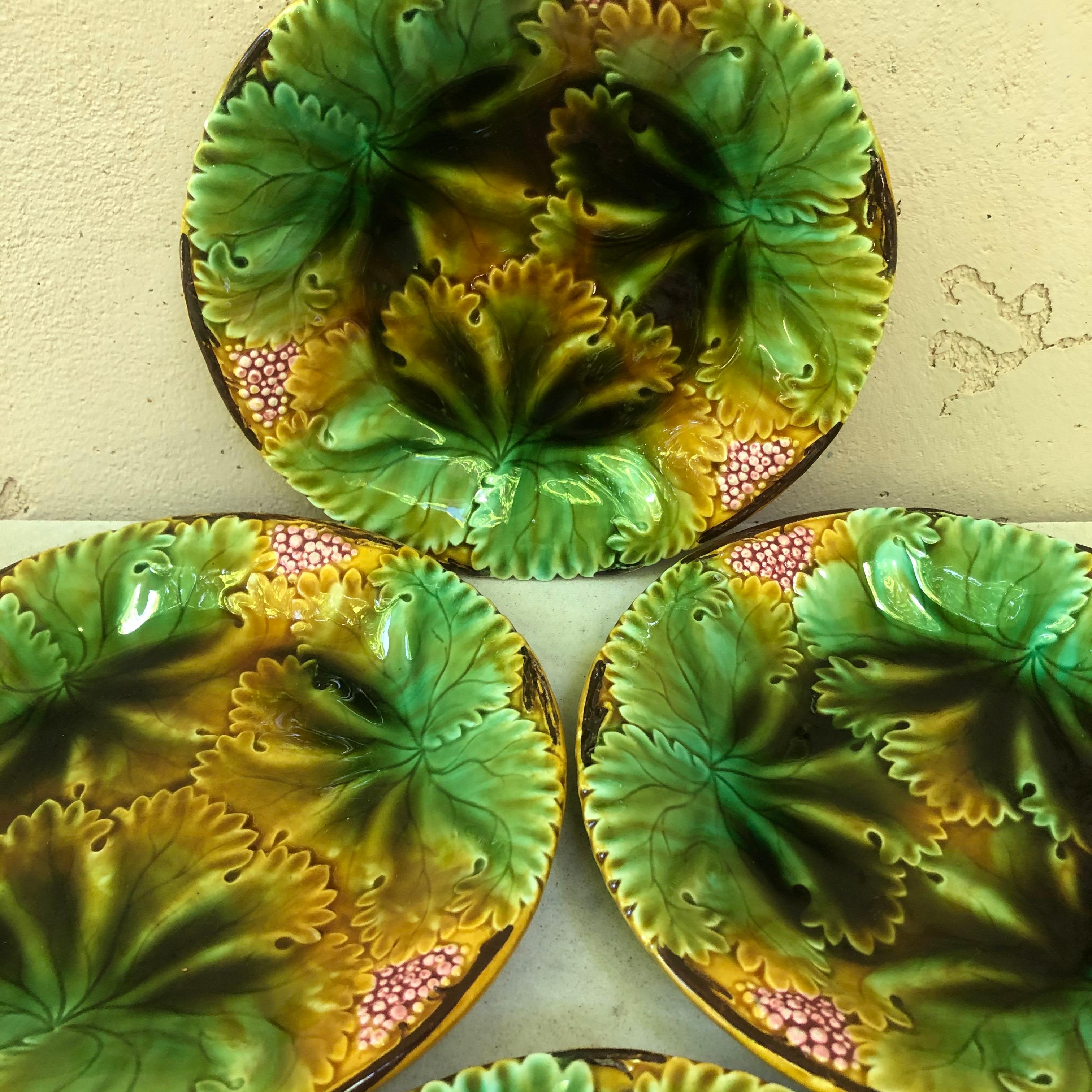 Majolica plates with leaves and berries signed Sarreguemines, circa 1890.