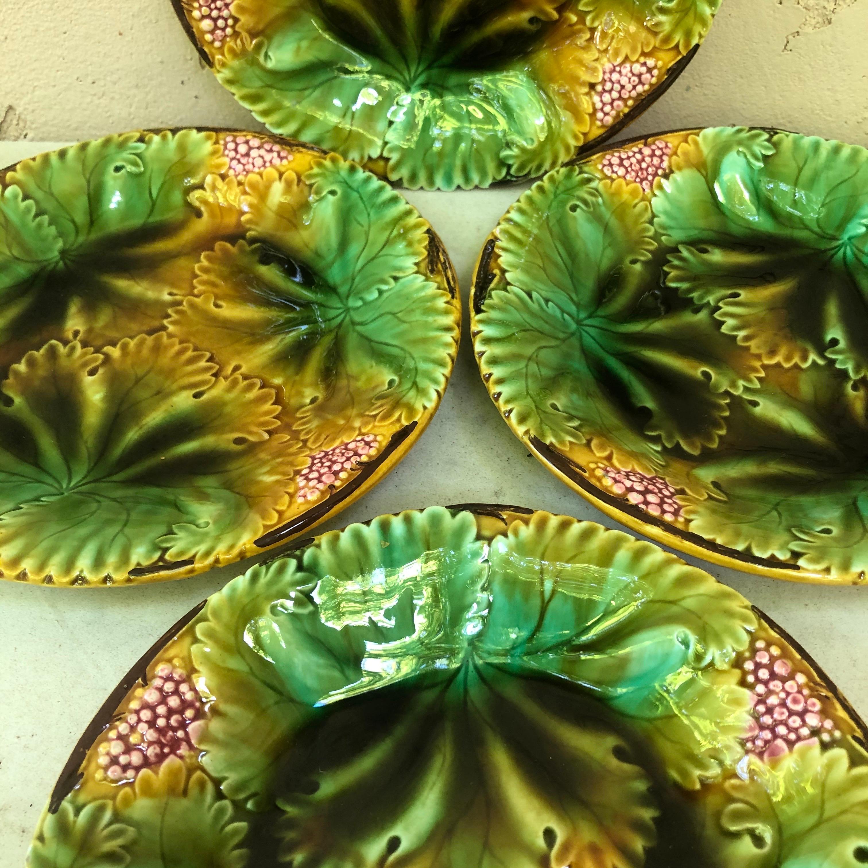 French Majolica Leaves and Berries Plates Sarreguemines, circa 1890