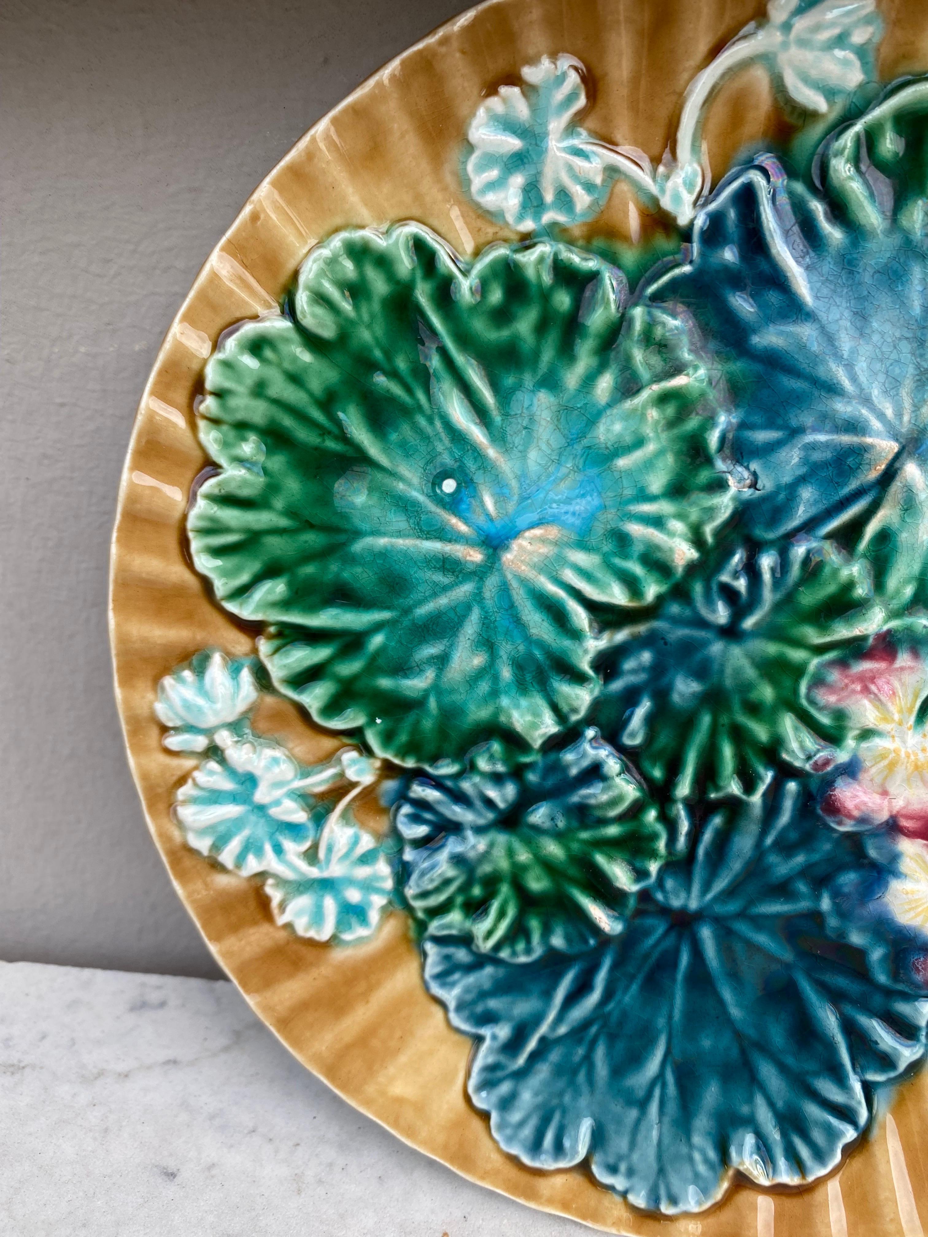 Country Majolica Leaves & Flowers Plate Clairefontaine, circa 1890 For Sale