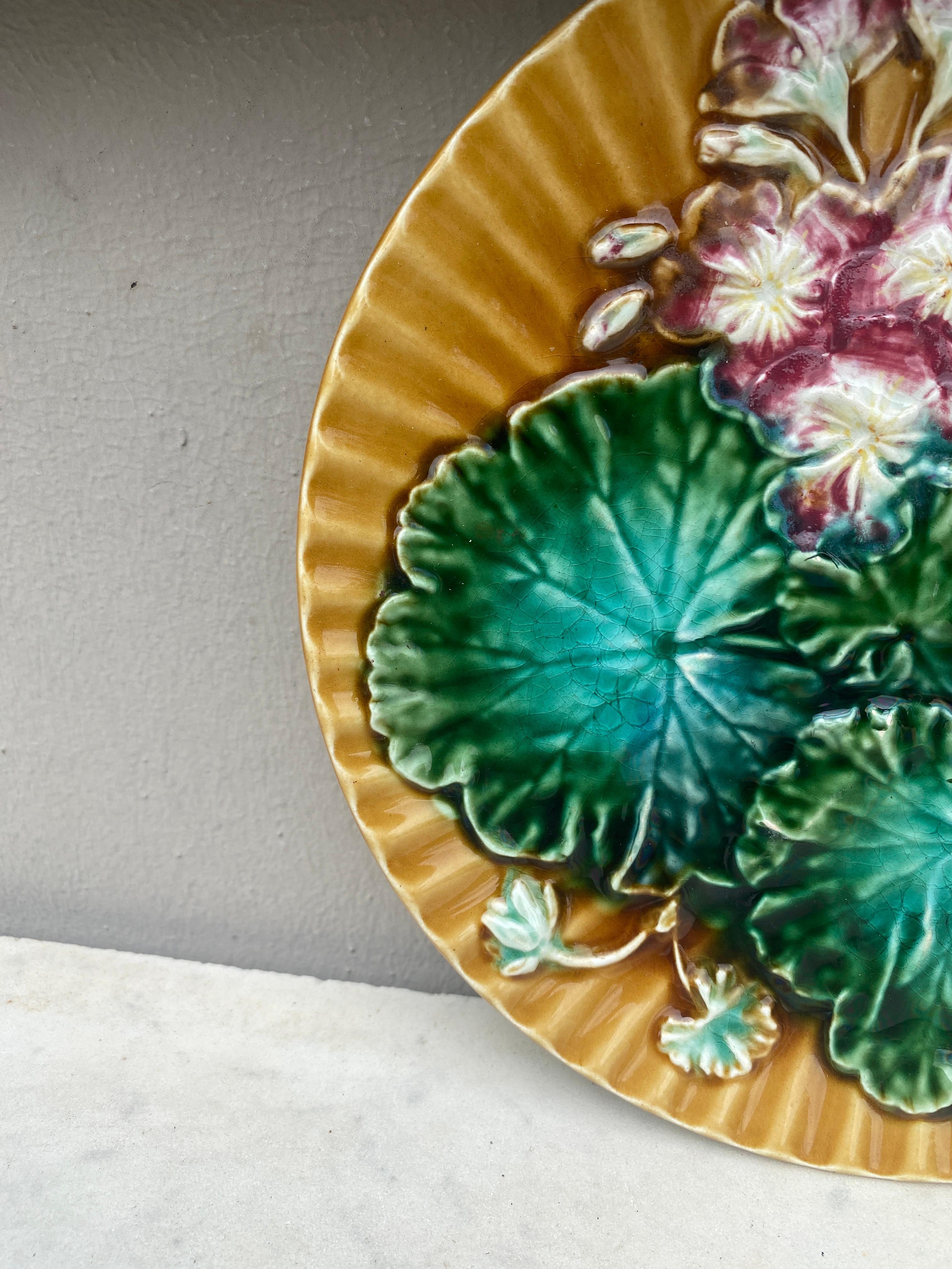 Rustic Majolica Leaves & Flowers Plate Clairefontaine, circa 1890 For Sale