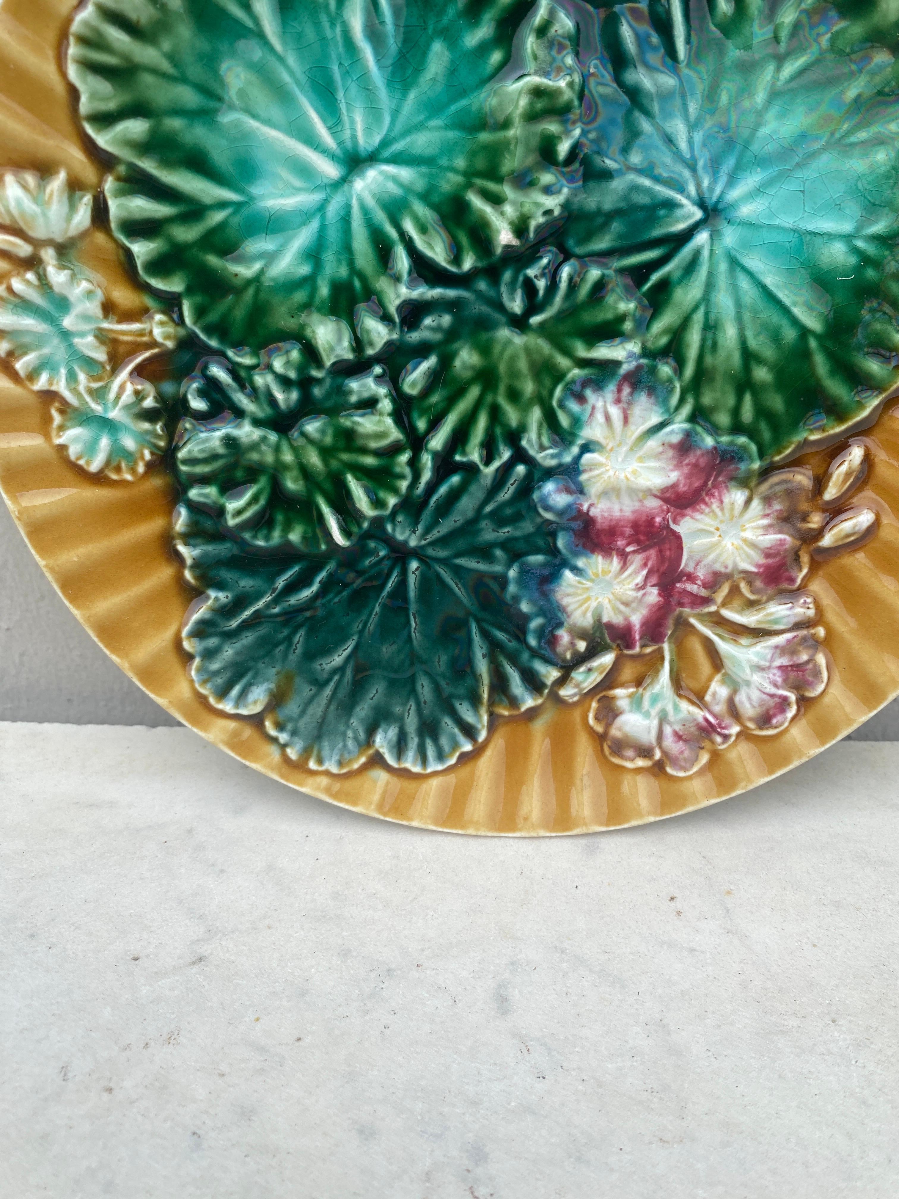French Majolica Leaves & Flowers Plate Clairefontaine, circa 1890 For Sale