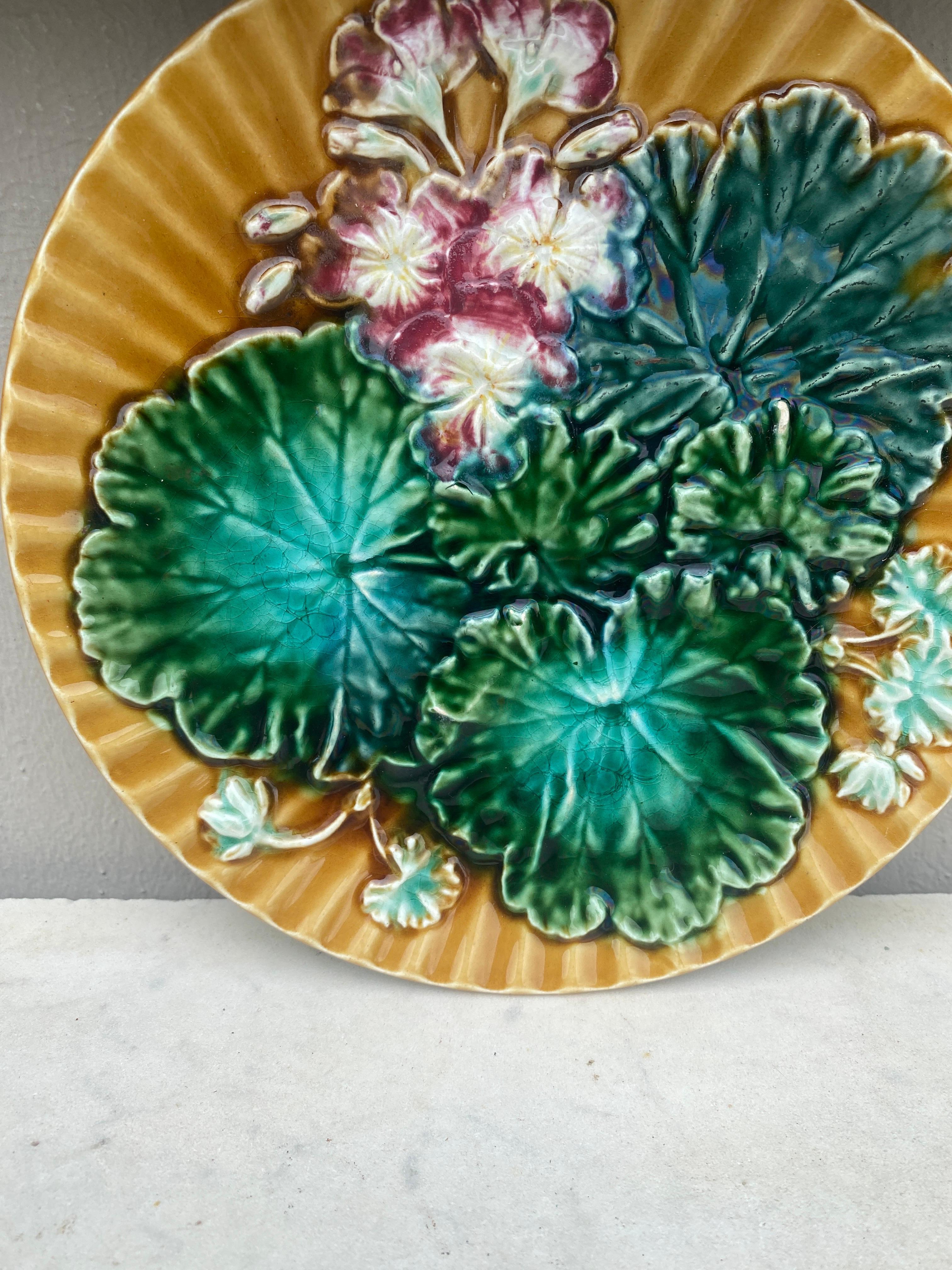 French Majolica Leaves & Flowers Plate Clairefontaine, circa 1890 For Sale