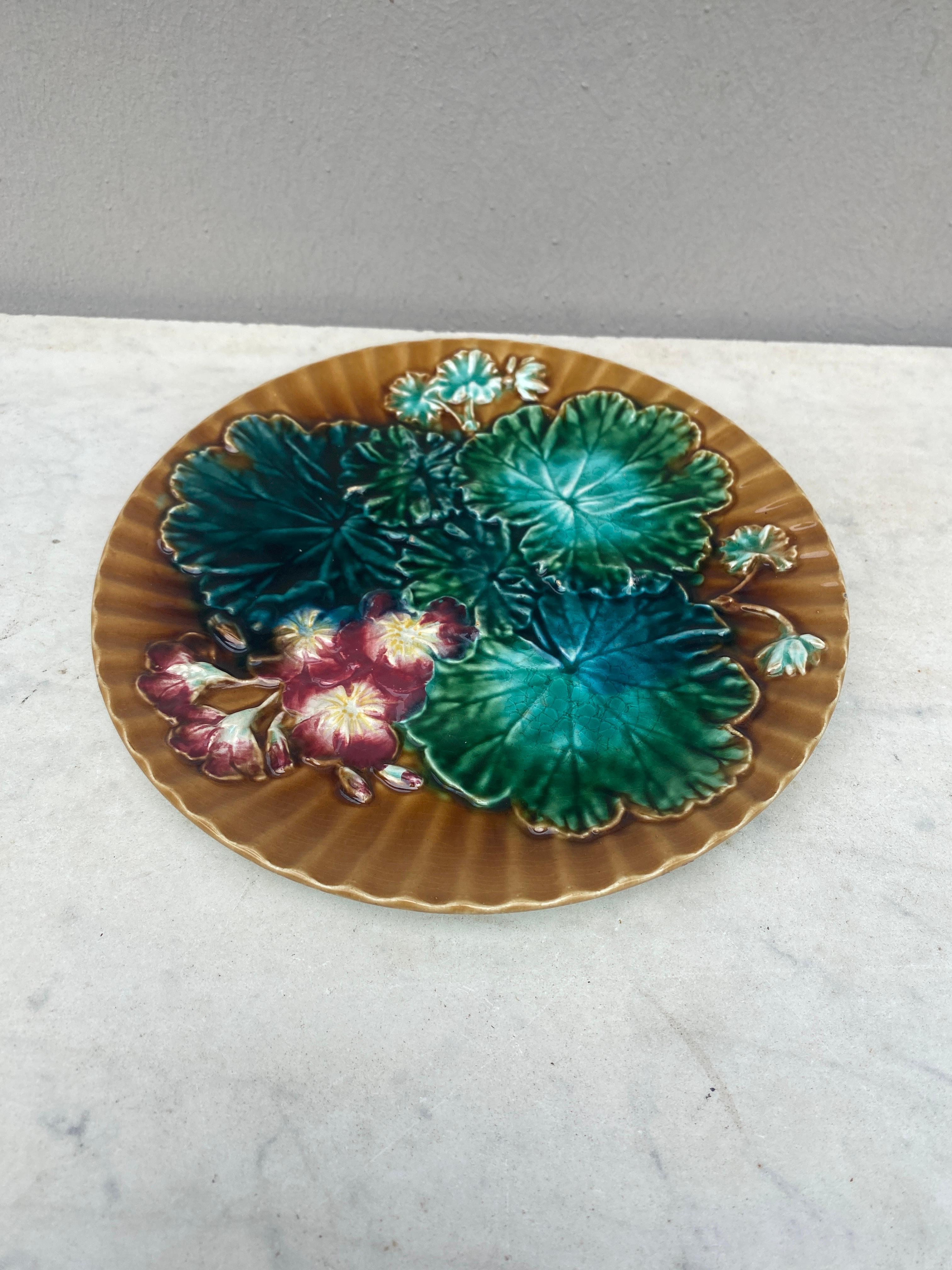 French Majolica Leaves & Flowers Plate Clairefontaine, circa 1890