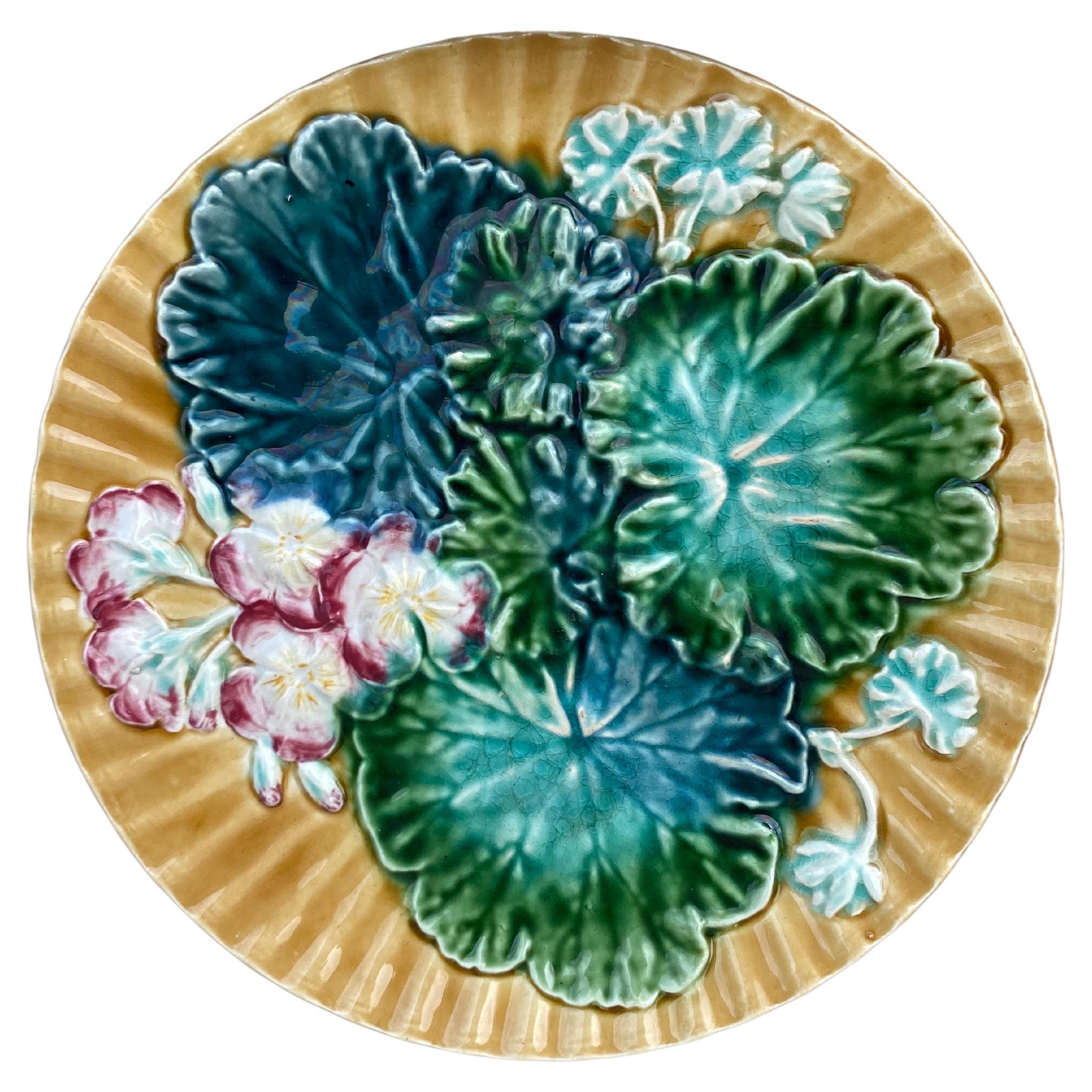 Majolica Leaves & Flowers Plate Clairefontaine, circa 1890 For Sale