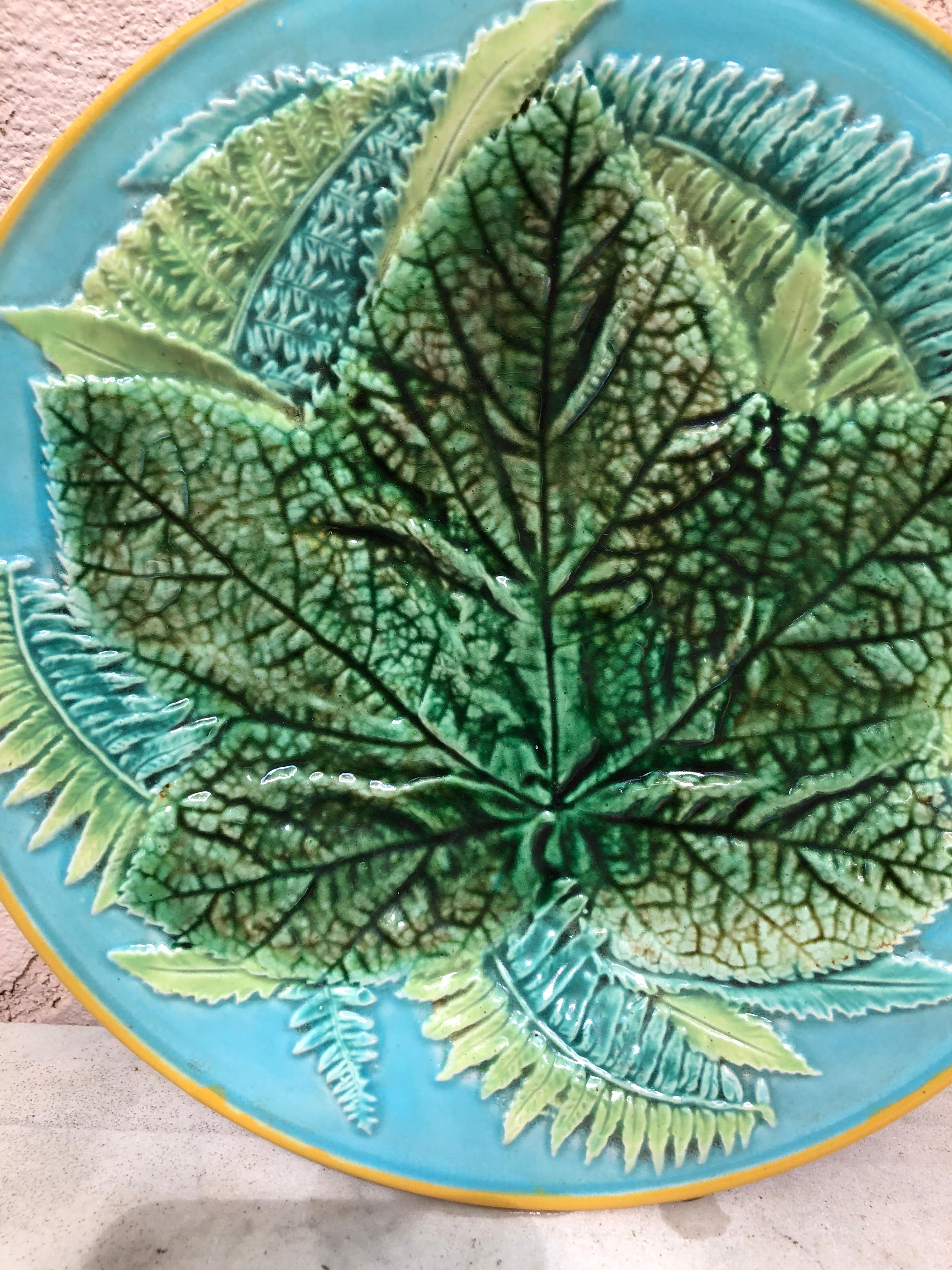 Majolica plate with leaves on aqua background, George Jones, circa 1873.