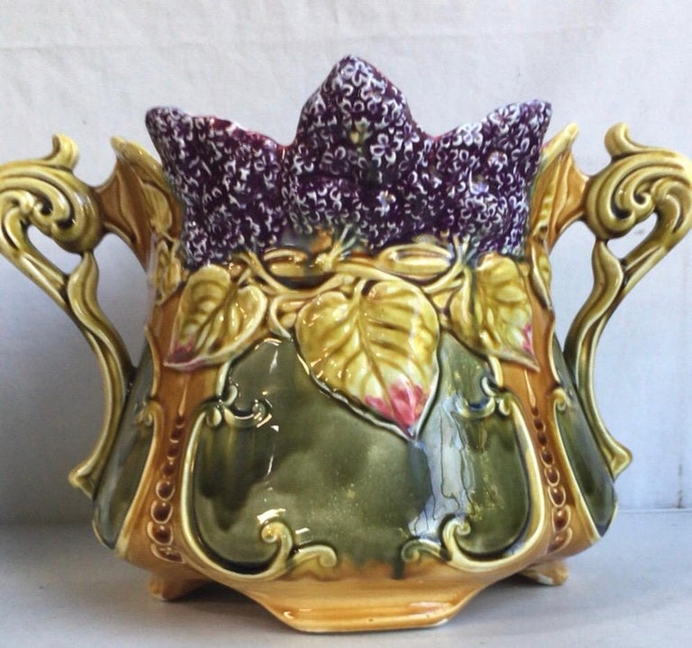 French Majolica jardinière Onnaing with lilac, circa 1890.
Art Nouveau.
  