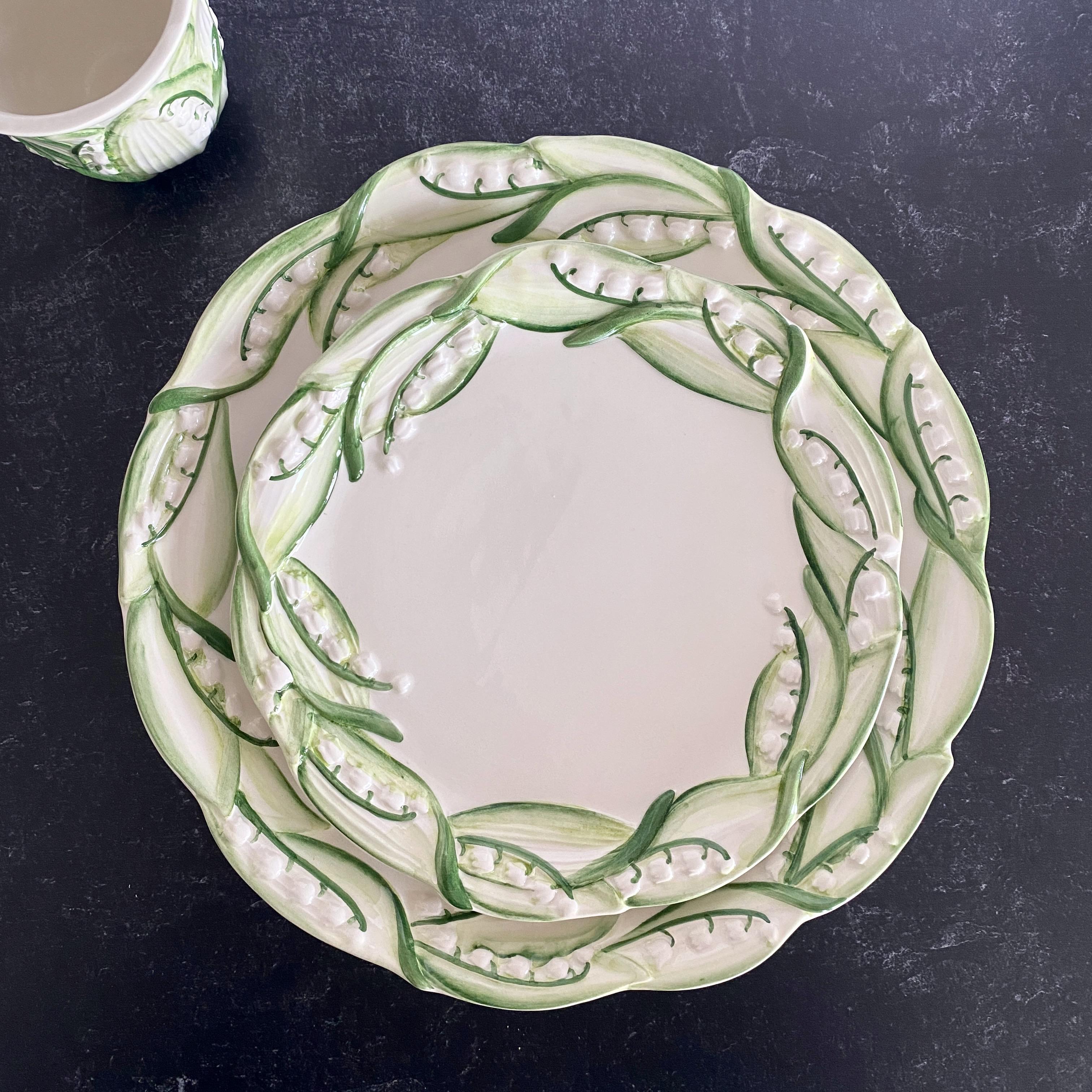 Hand-Painted Majolica Lily of the Valley Dessert Plates, Handmade in Italy, S/4 For Sale