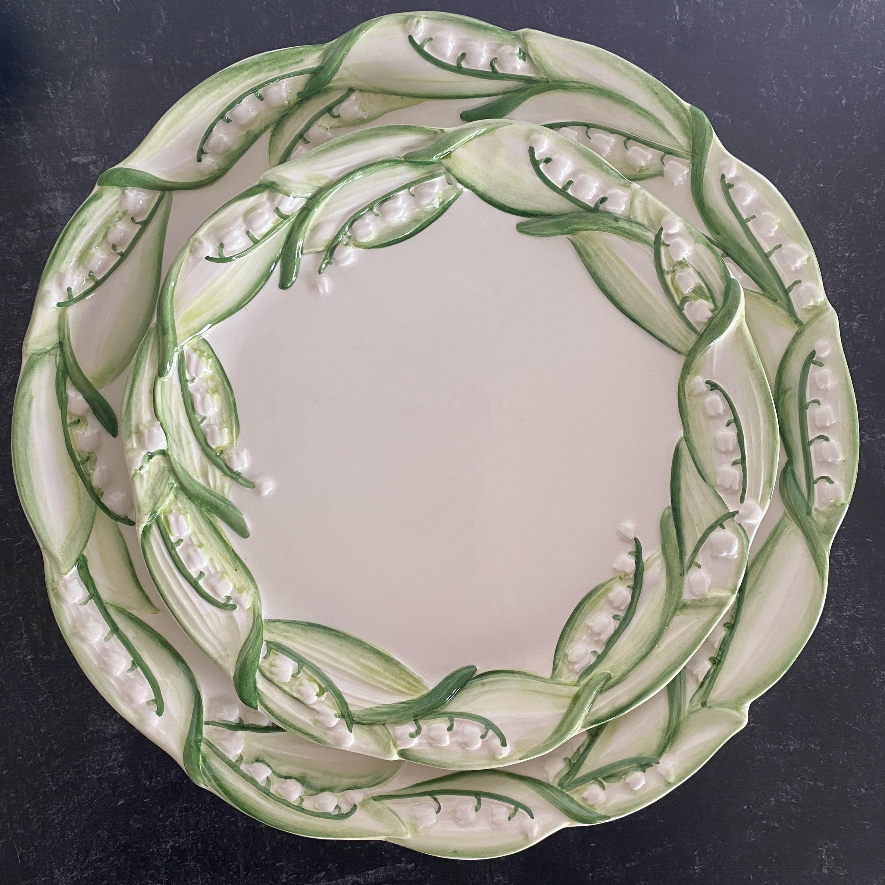 Majolica Lily of the Valley Dessert Plates, Handmade in Italy, S/4 In New Condition For Sale In West Chester, PA