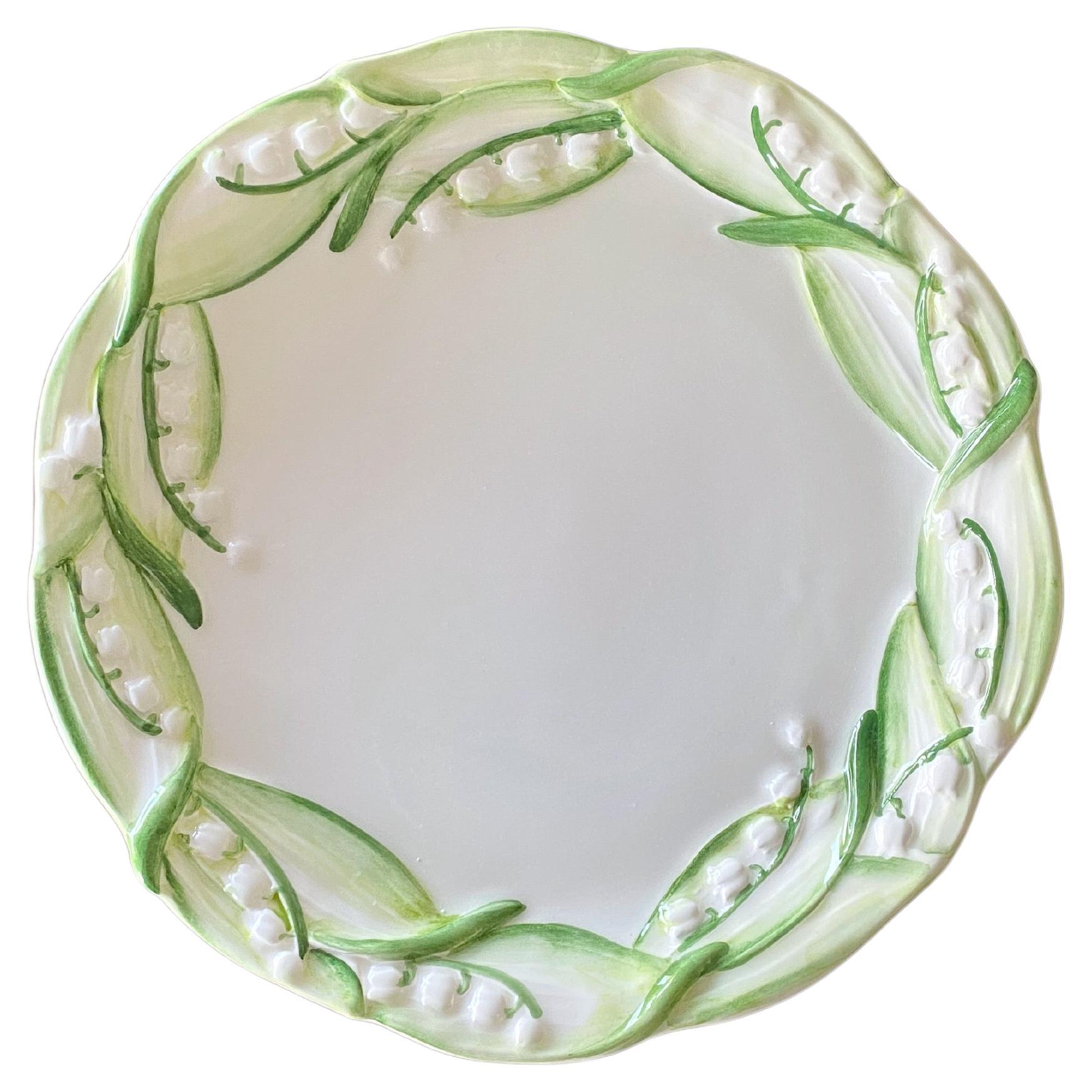 Majolica Lily of the Valley Dessert Plates, Handmade in Italy, S/4 For Sale
