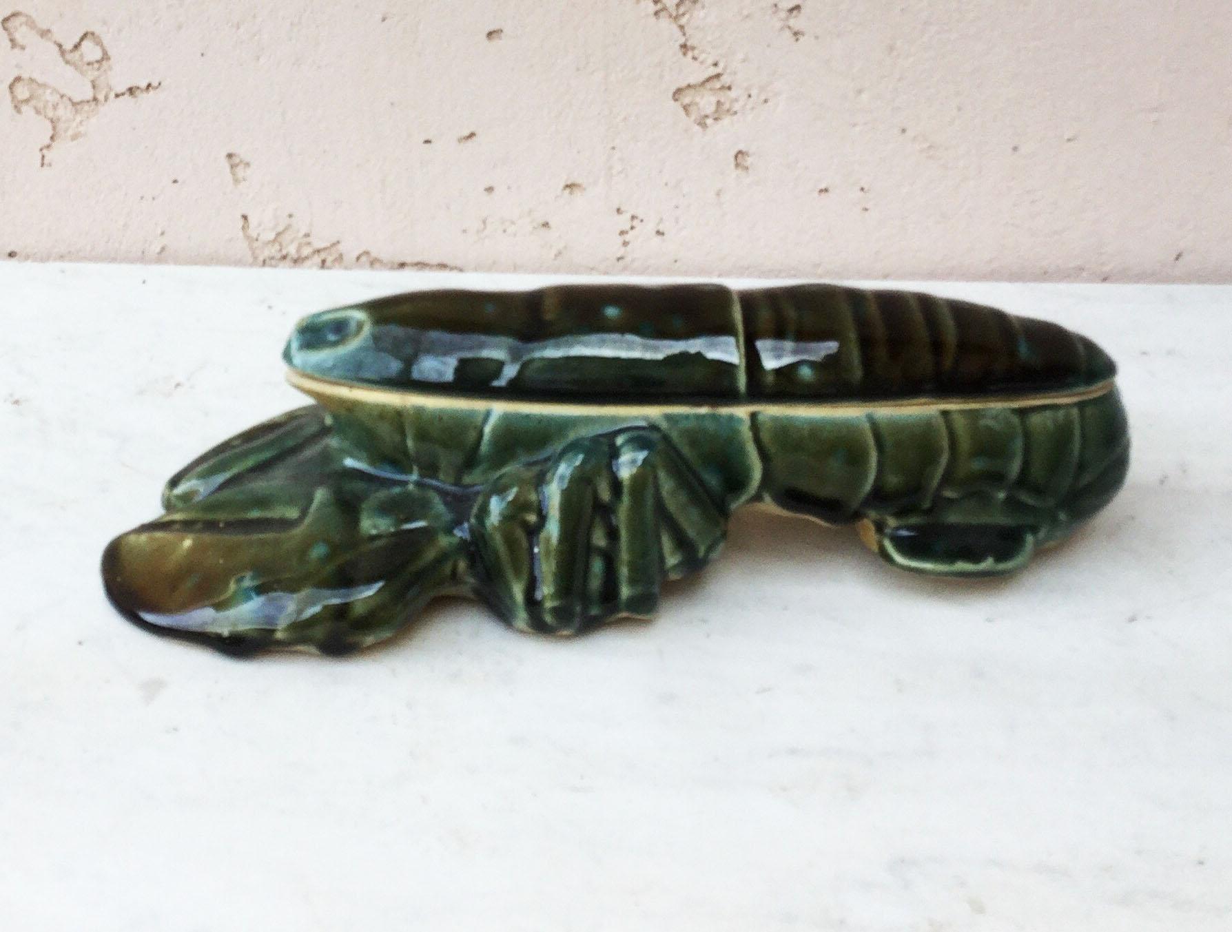 Large French Majolica lobster tureen or box with green glaze, circa 1950.