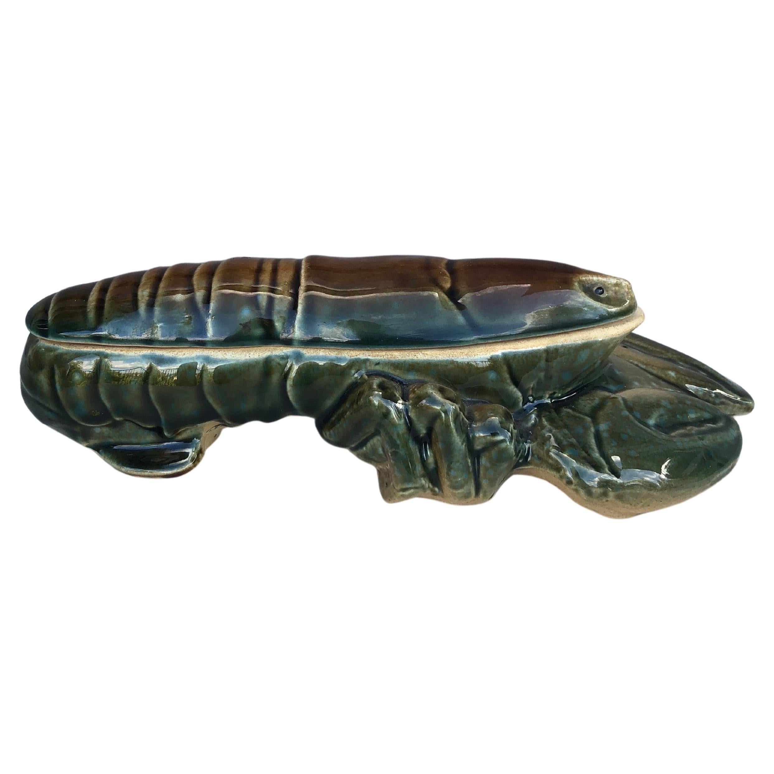 Large French Majolica lobster tureen or box with green glaze, circa 1950.