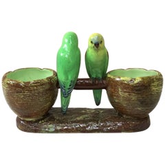 Majolica Lovebirds Parakeets Double Vases Jerome Massier Fils, circa 1900