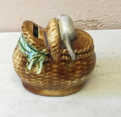 Majolica Money Bank, Basket with Cat and Mouse Onnaing