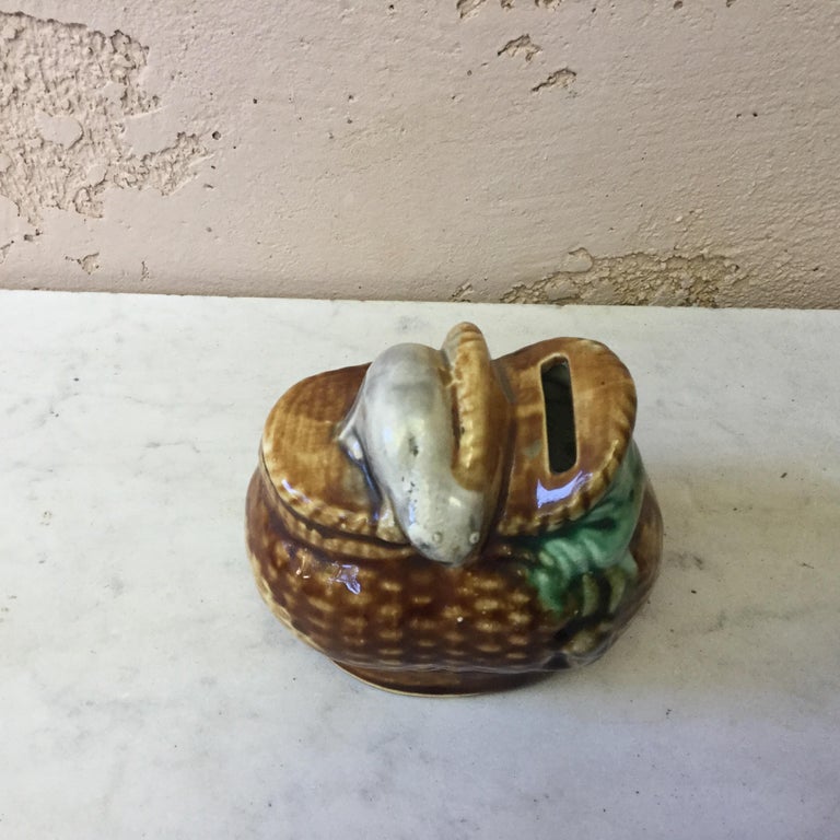 Majolica Money Bank, Basket with Cat and Mouse Onnaing For Sale at 1stDibs