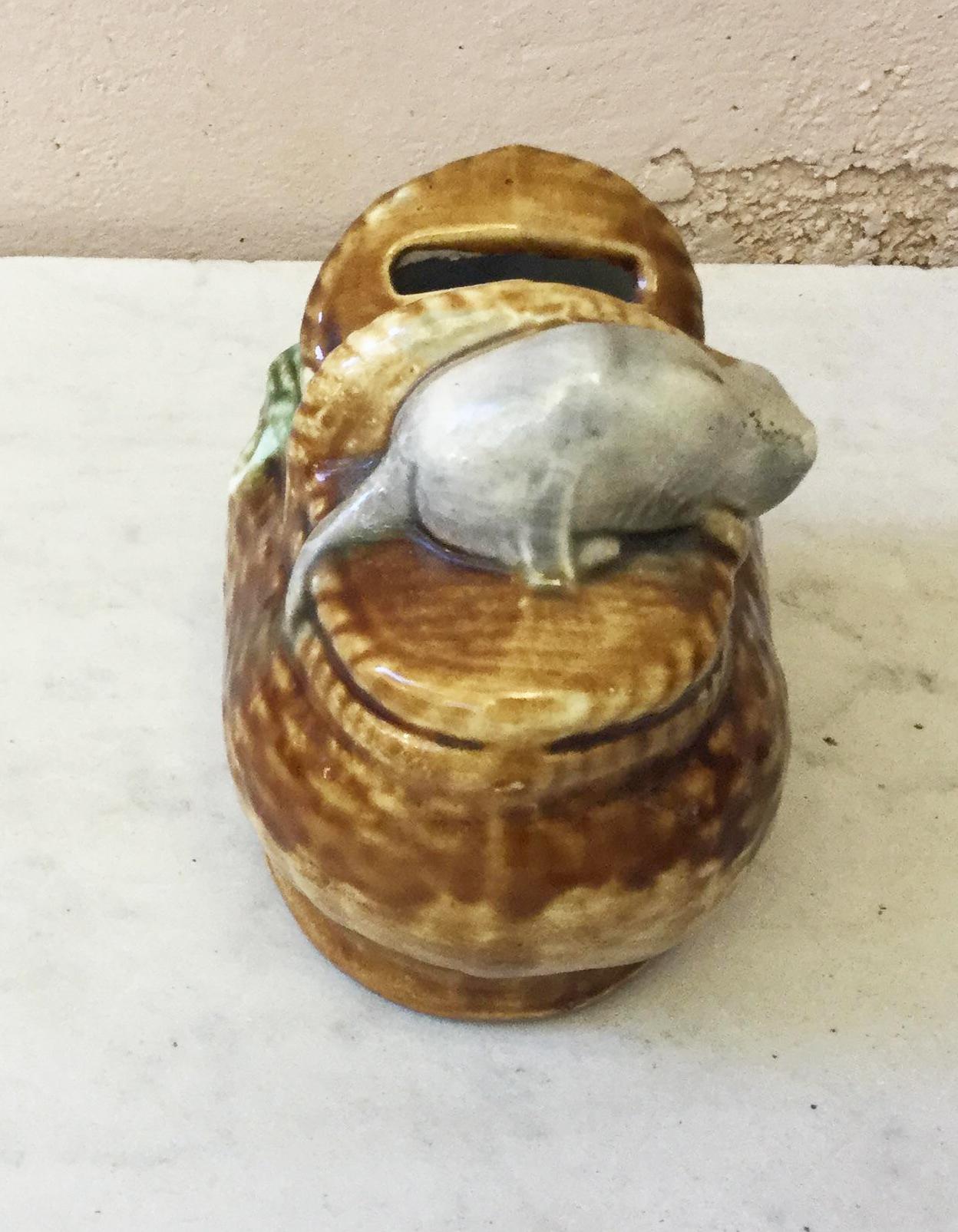 Country Majolica Money Bank, Basket with Cat and Mouse Onnaing For Sale