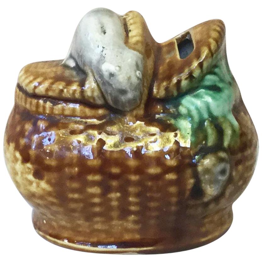 Majolica Money Bank, Basket with Cat and Mouse Onnaing For Sale