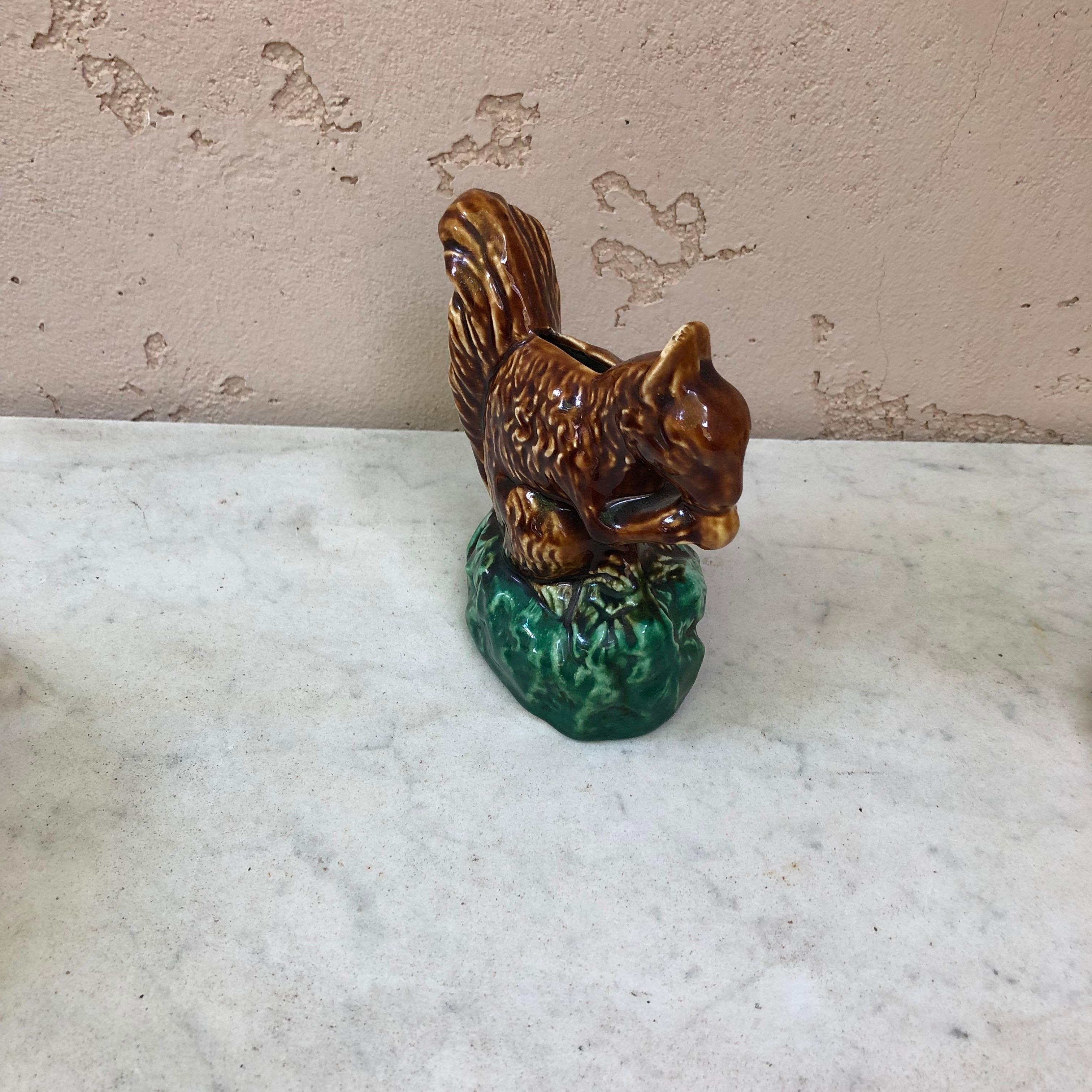 Early 20th Century Majolica Money Bank Squirrel Onnaing, Circa 1900 For Sale