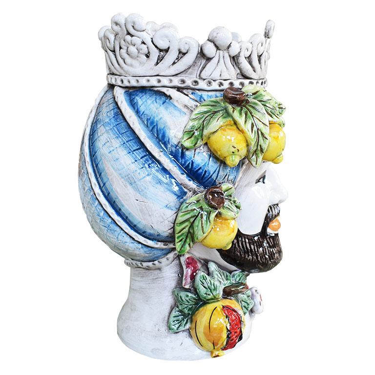 20th Century Polychrome Majolica Moorish Italian Ceramic Bust Planter or Vase of a King Italy For Sale