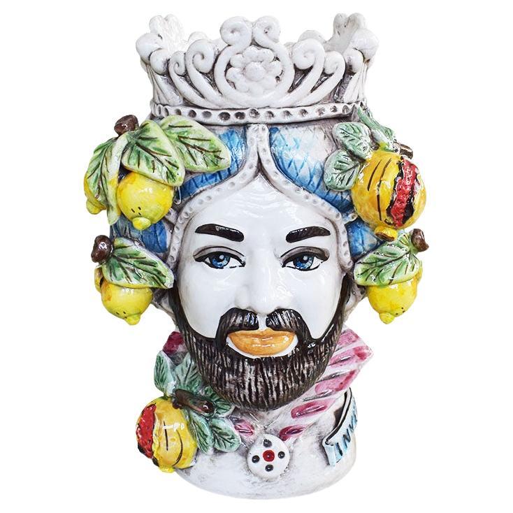 Polychrome Majolica Moorish Italian Ceramic Bust Planter or Vase of a King Italy For Sale