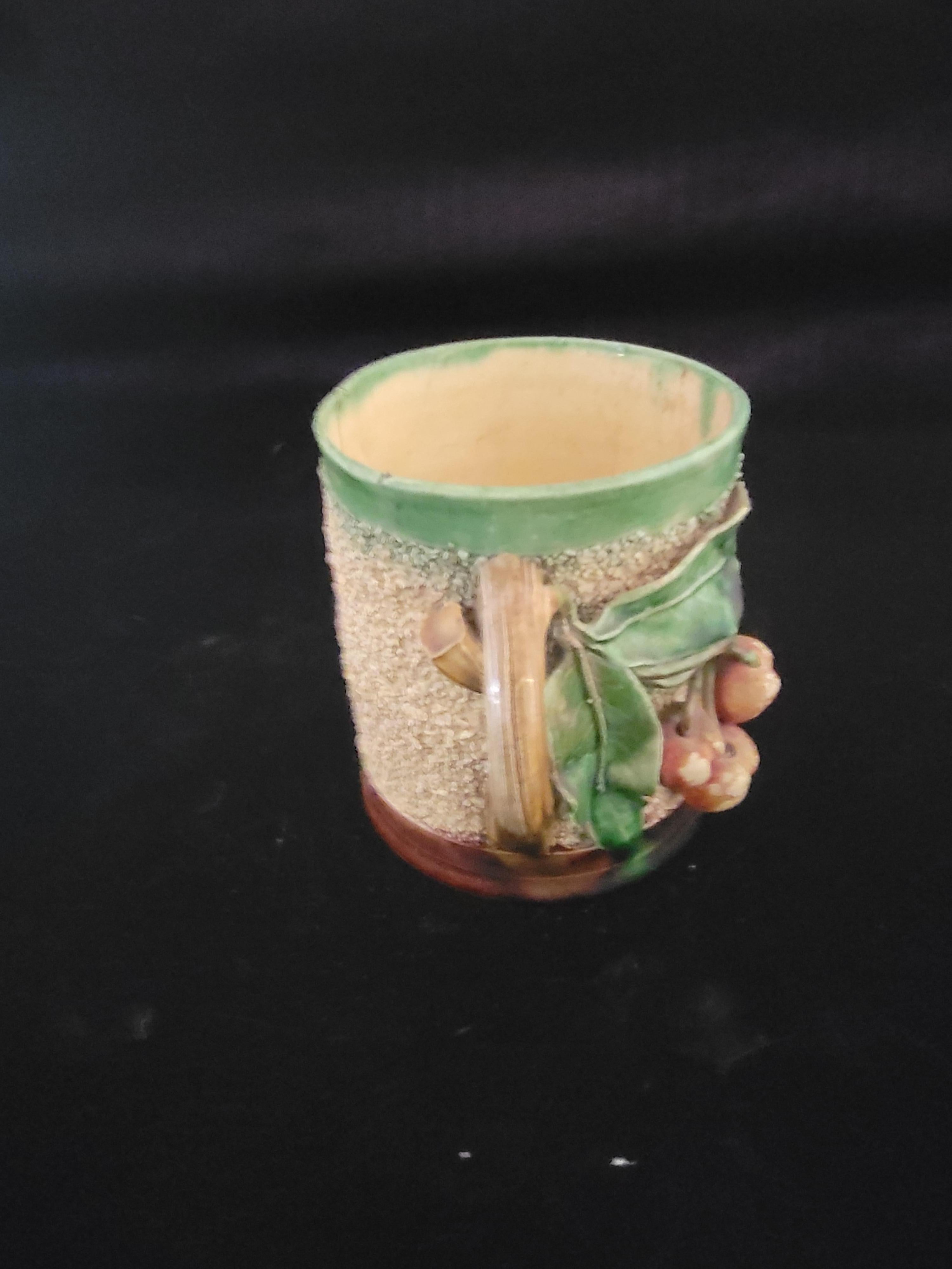 Aesthetic Movement Majolica Mug with Sand Finish and Cherries For Sale