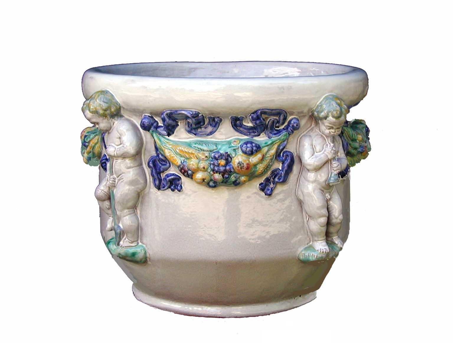 This hand-crafted and hand painted majolica planter is made in the studios of the Nymphenburg Porcelain Manufactory in Munich, Germany. They create handmade planters in majolica technique to enhance your garden, spa, pool, greenhouse or garden. The
