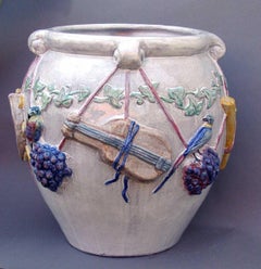 Majolica Nymphenburg handcrafted and hand painted planter with relief of cherubs