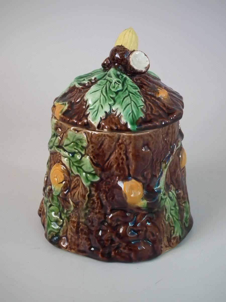Glazed Majolica Oak and Acorn Pot and Cover