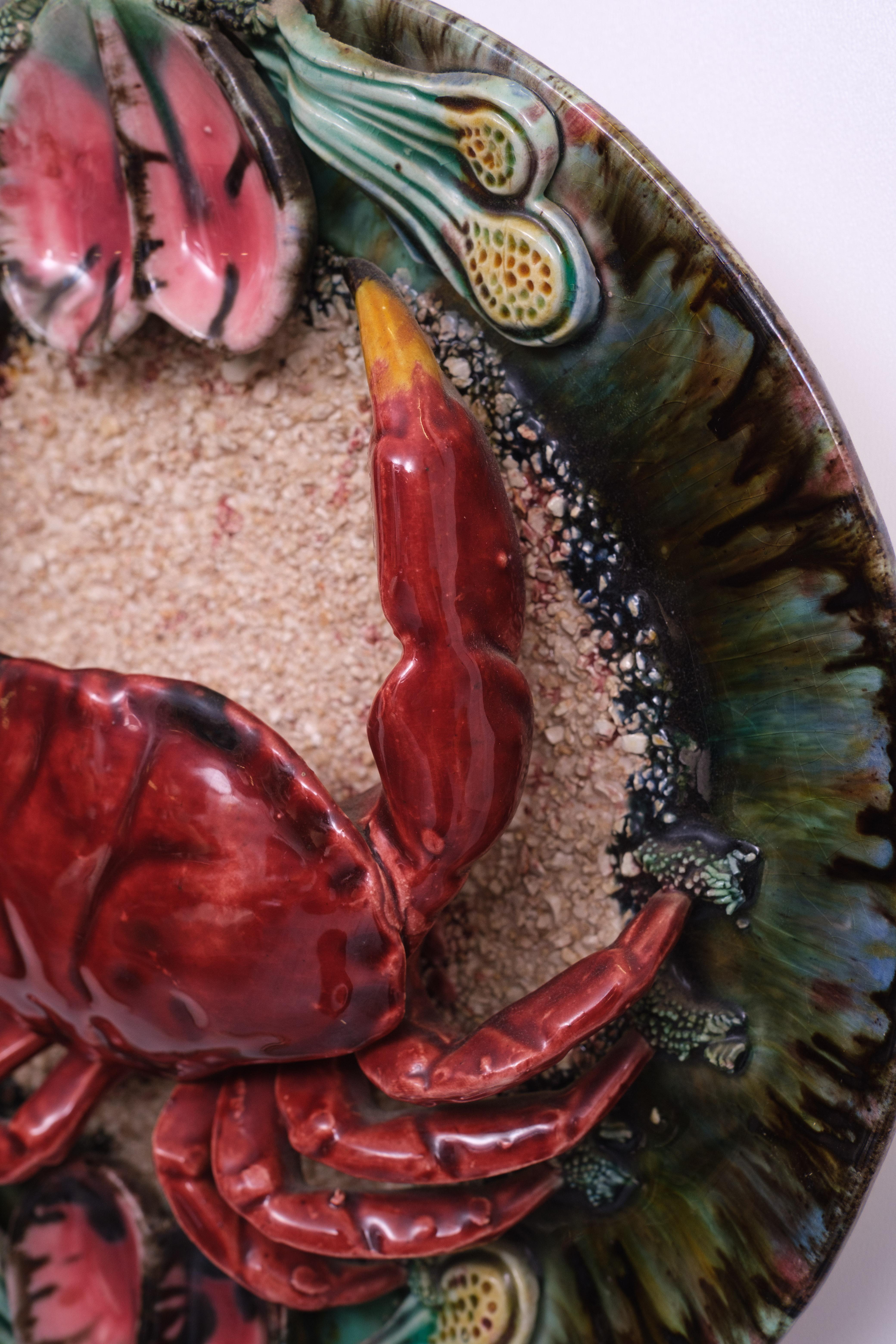 Majolica Piatto da parete in maiolica Ocean Sea Crab. Piatto tradizionale di Caldas Da Rainha degli anni '40