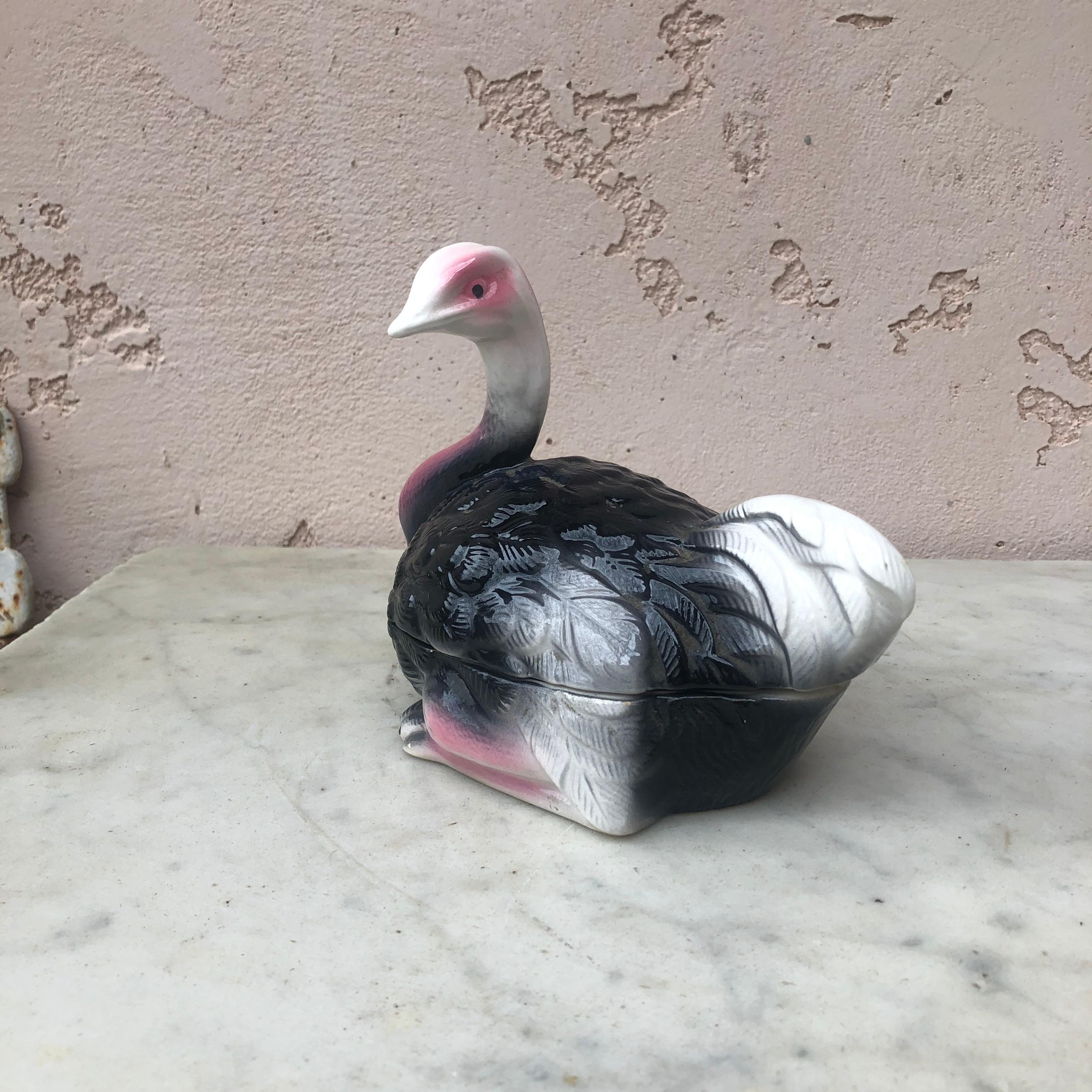 Majolica ostrich tureen or box circa 1950 signed Caugant.
  