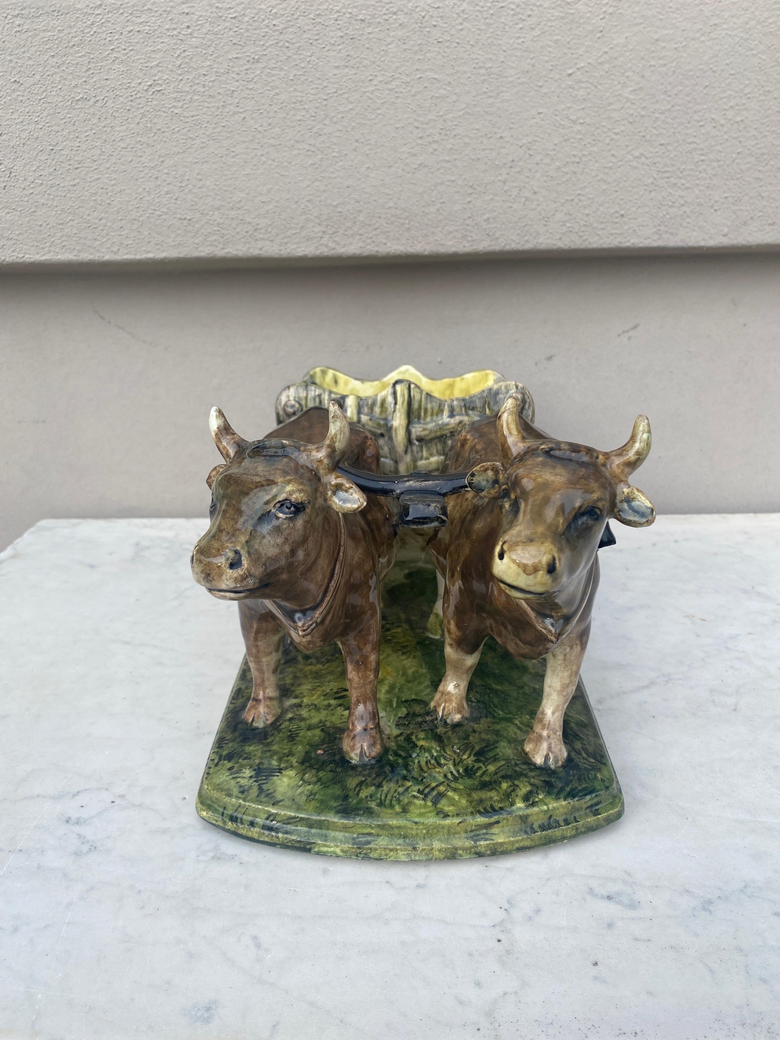 Country Majolica Oxen Cart Clement Massier, circa 1900 For Sale