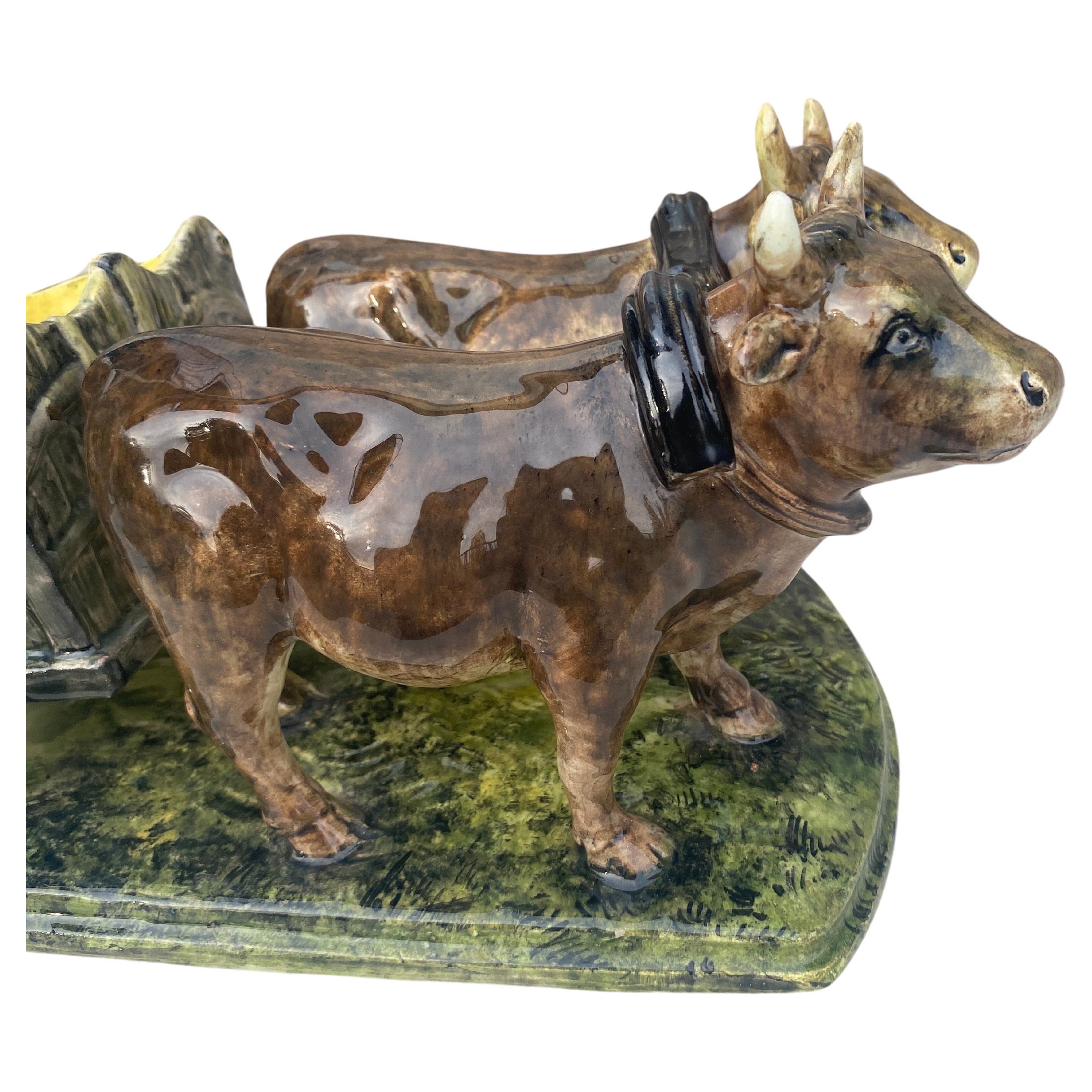 Early 20th Century Majolica Oxen Cart Clement Massier, circa 1900 For Sale