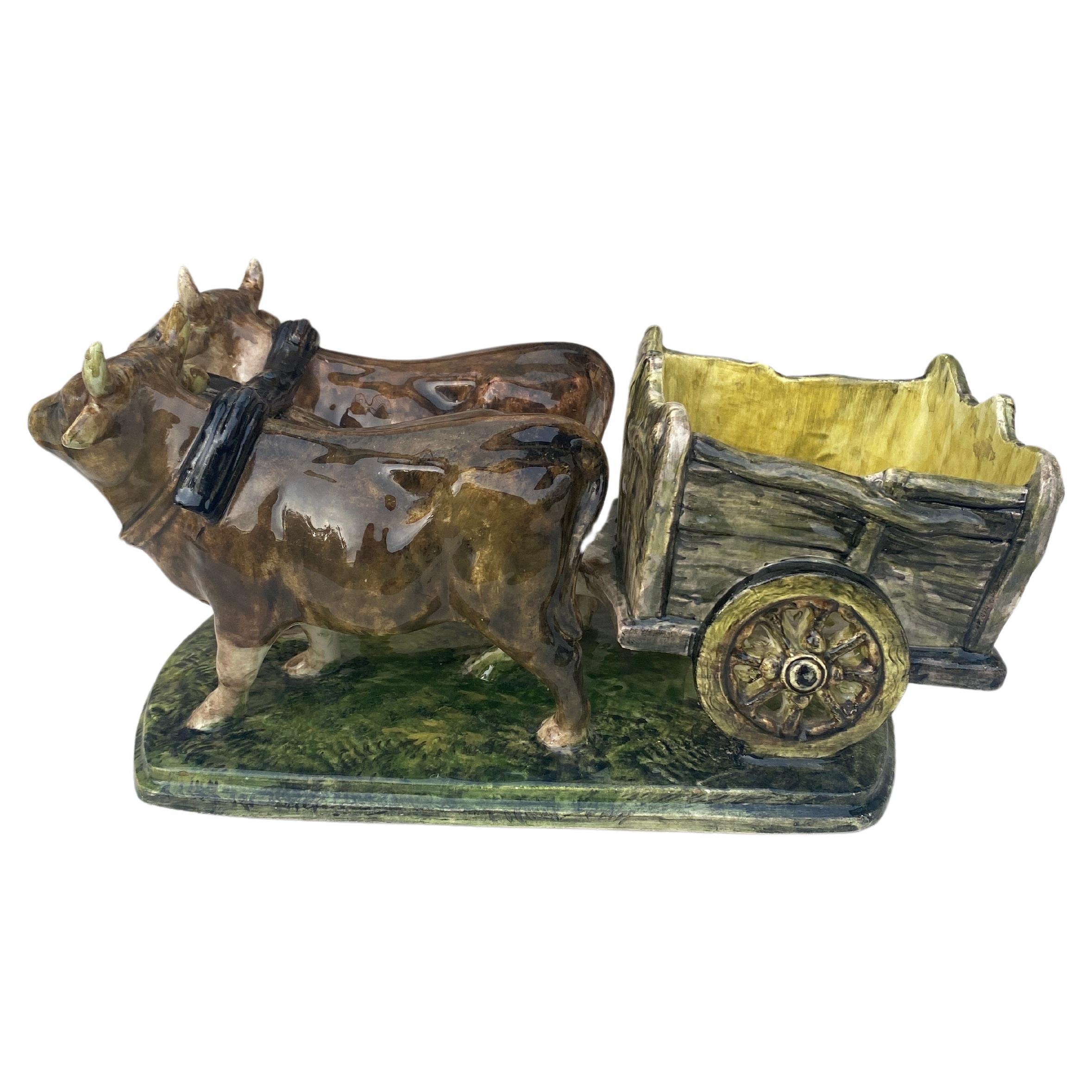Majolica Oxen Cart Clement Massier, circa 1900 For Sale