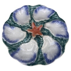 Majolica Oyster Blue Orange Starfish Plate Digoin, circa 1900