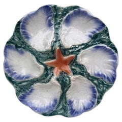 Majolica Oyster Blue Orange Starfish Plate Digoin, circa 1900