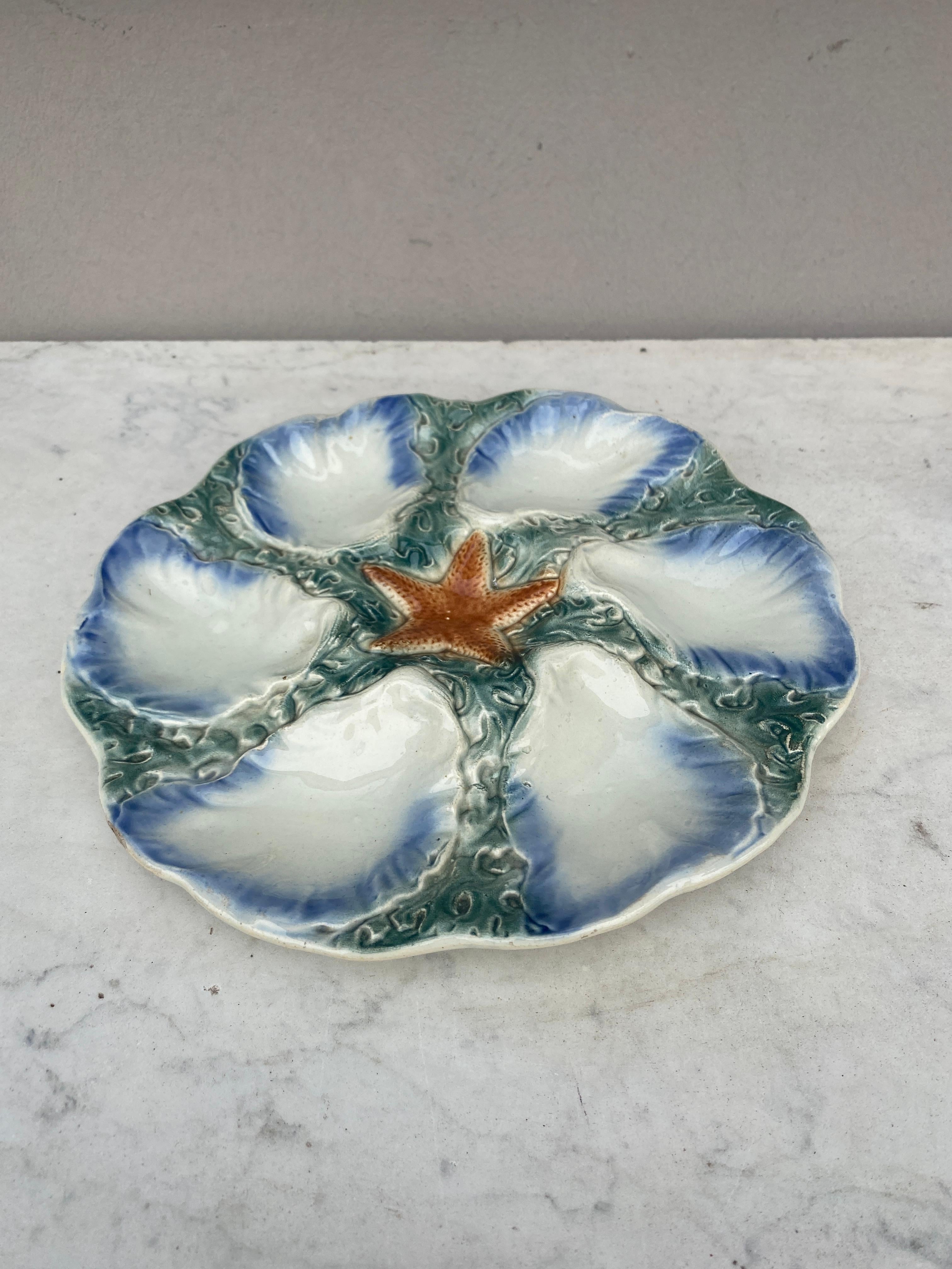 French Provincial Majolica Oyster Blue Starfish Plate Digoin, circa 1900 For Sale