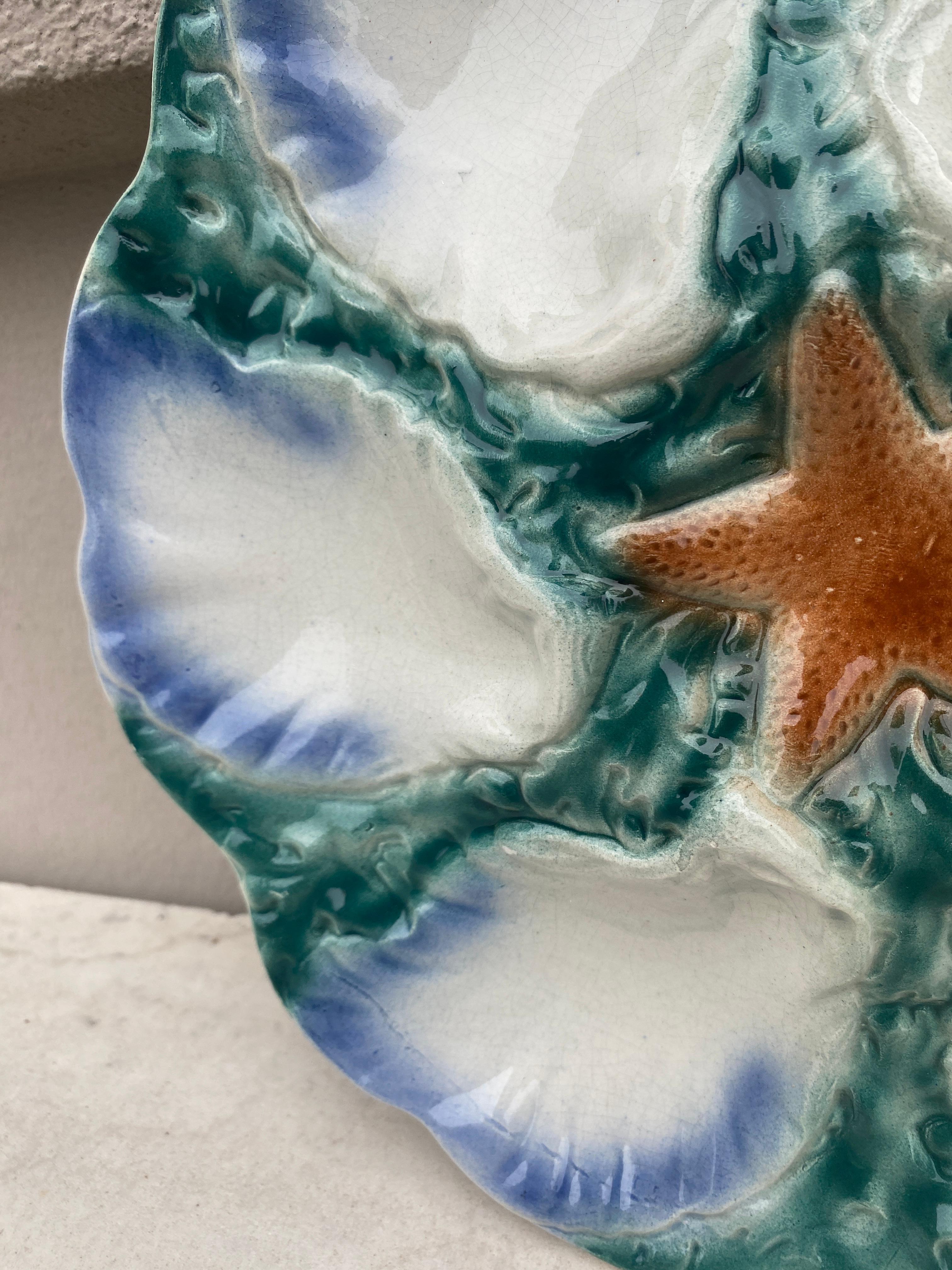 French Provincial Majolica Oyster Blue Starfish Plate Digoin, circa 1900 For Sale