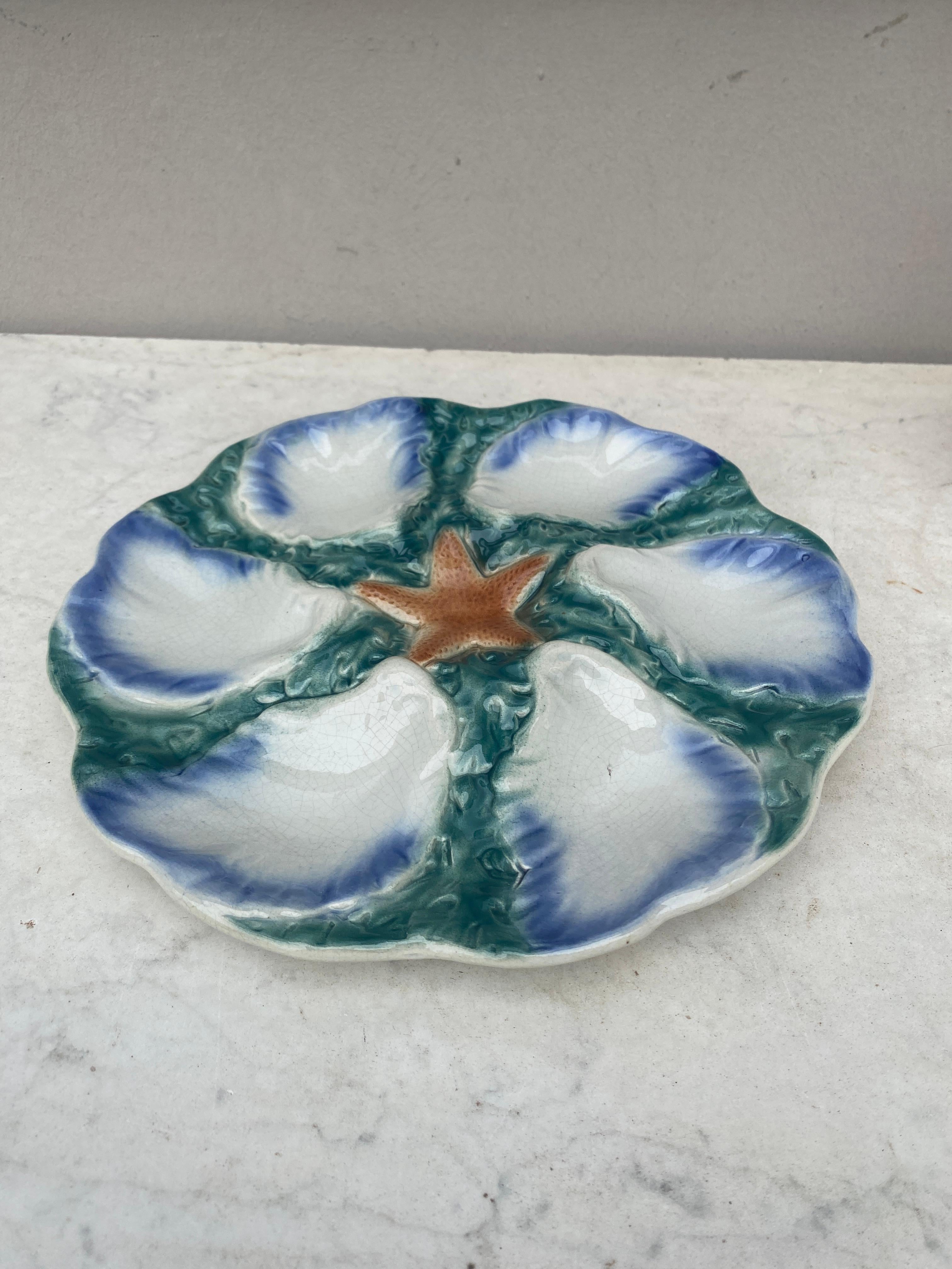 French Provincial Majolica Oyster Blue Starfish Plate Digoin, circa 1900