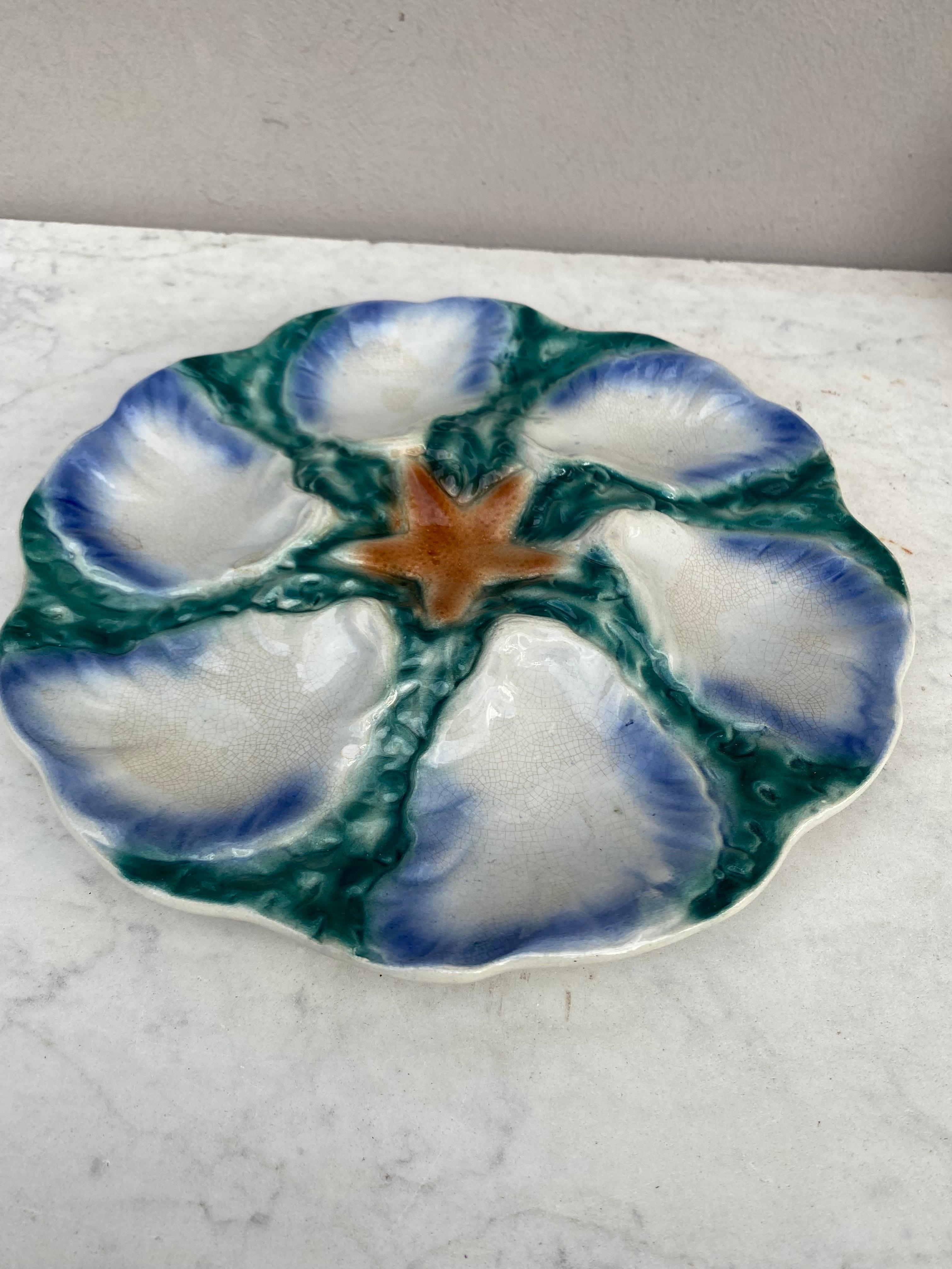 French Majolica Oyster Blue Starfish Plate Digoin, circa 1900 For Sale