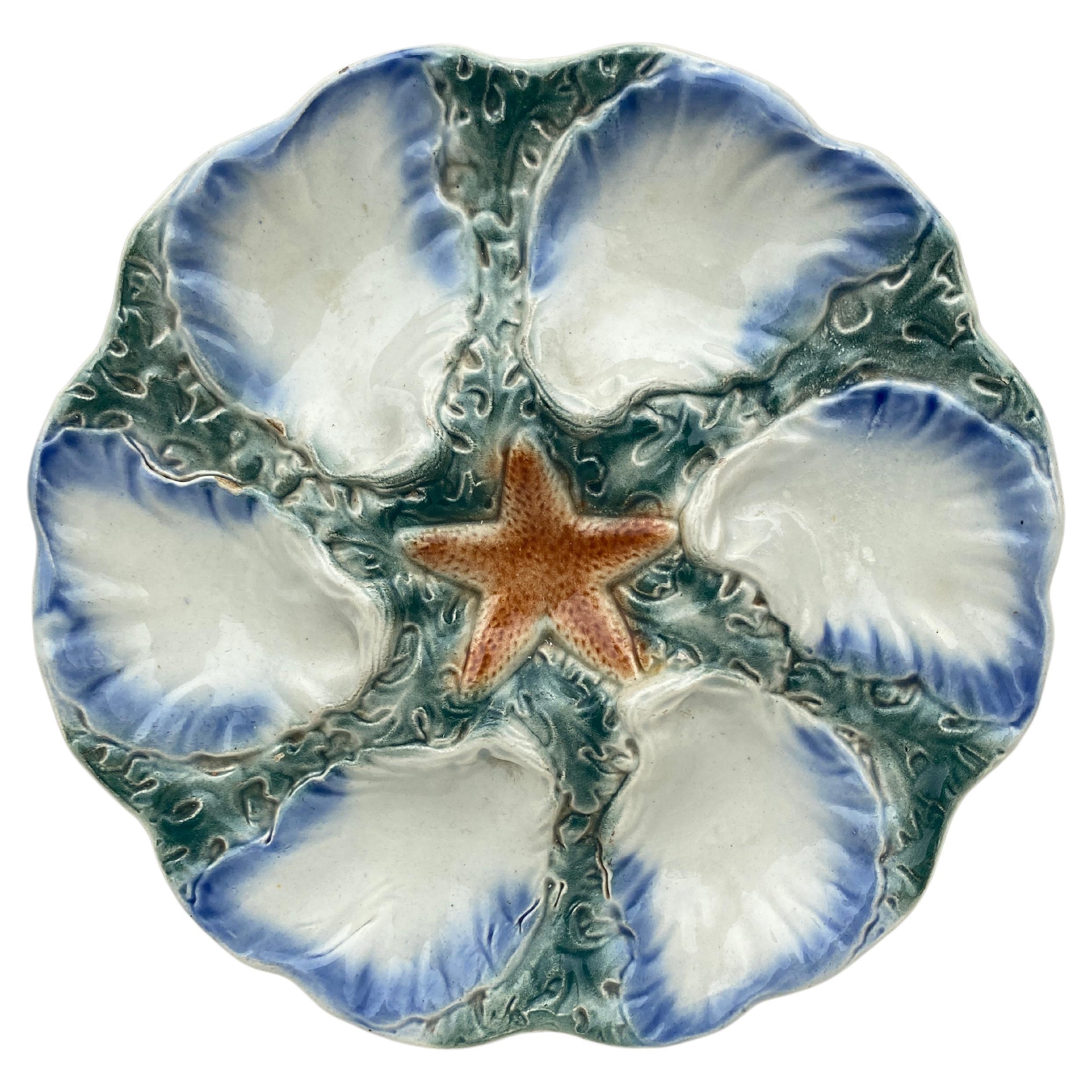 Austernblauer Seestern-Teller aus Majolika, Digoin, um 1900