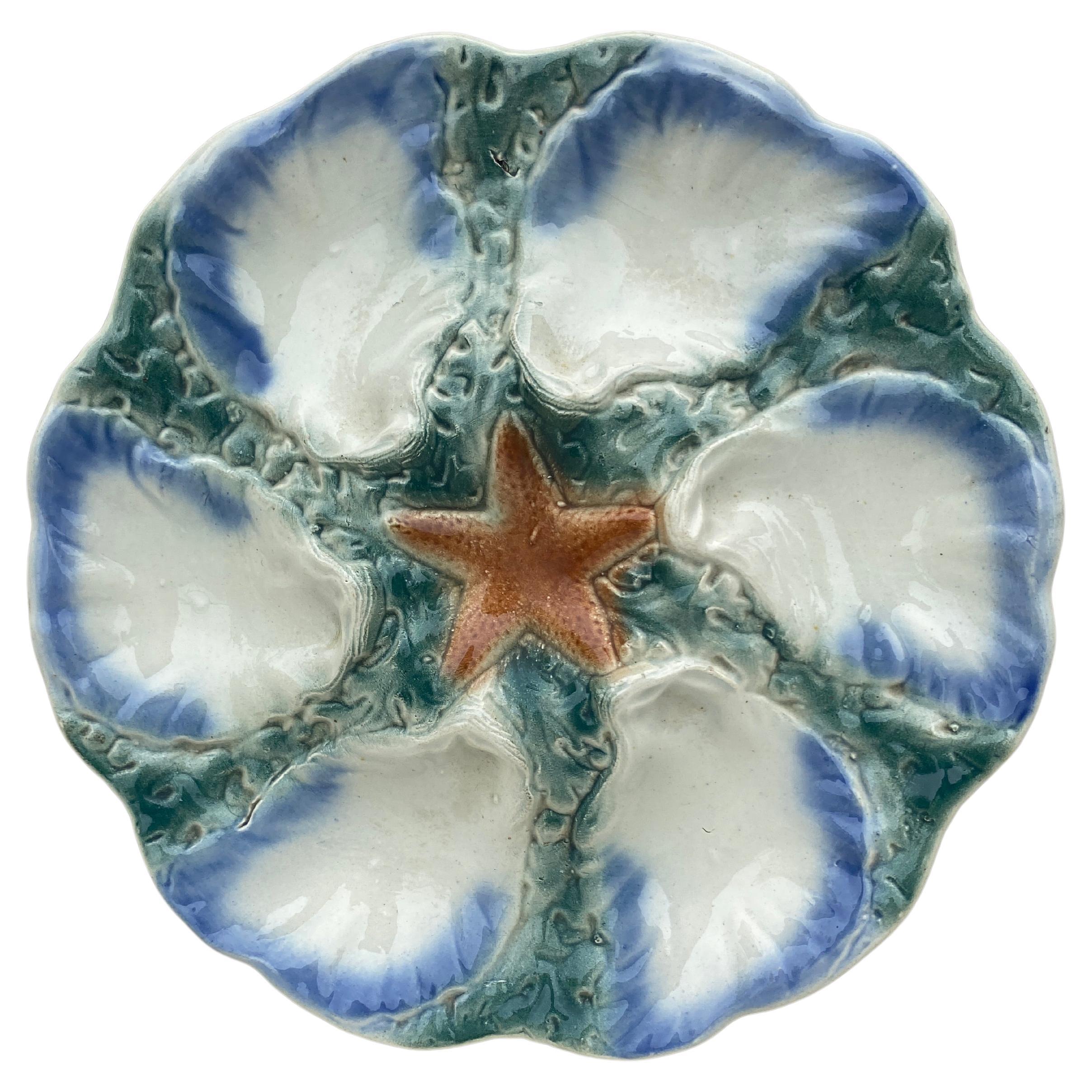 Majolica Oyster Blue Starfish Plate Digoin, circa 1900