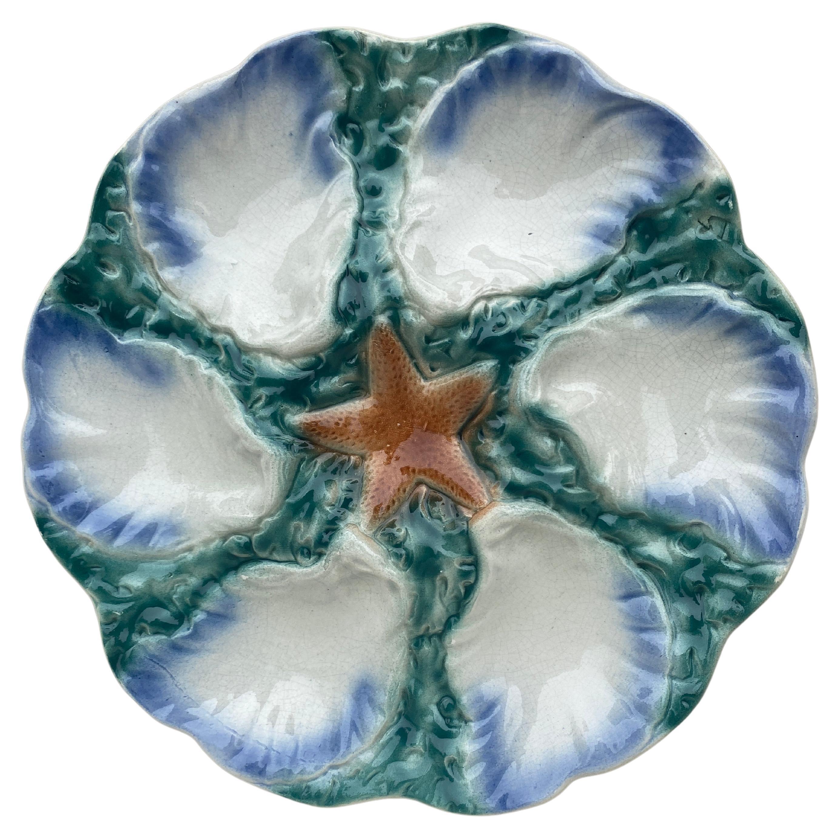 Majolica Oyster Blue Starfish Plate Digoin, circa 1900 For Sale