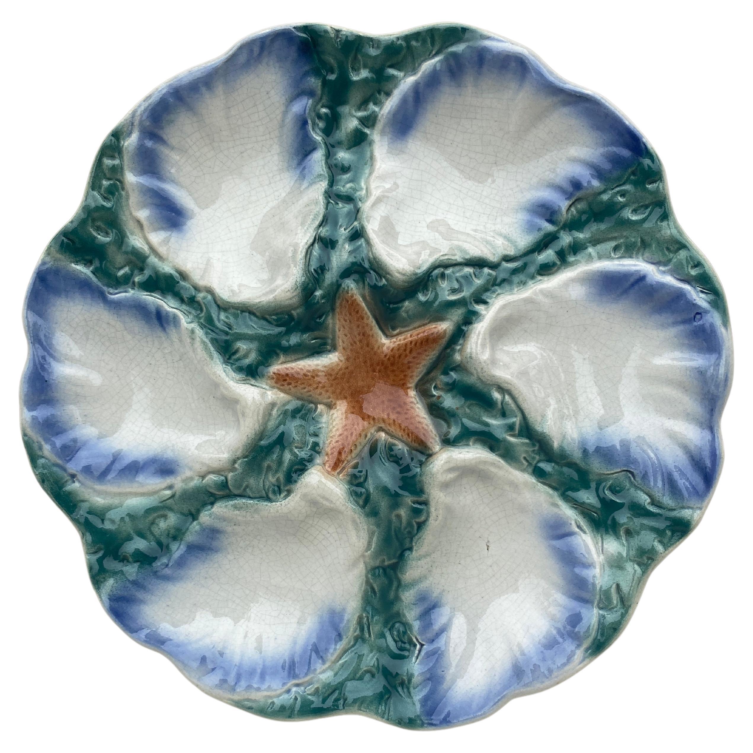 Majolica Oyster Blue Starfish Plate Digoin, circa 1900