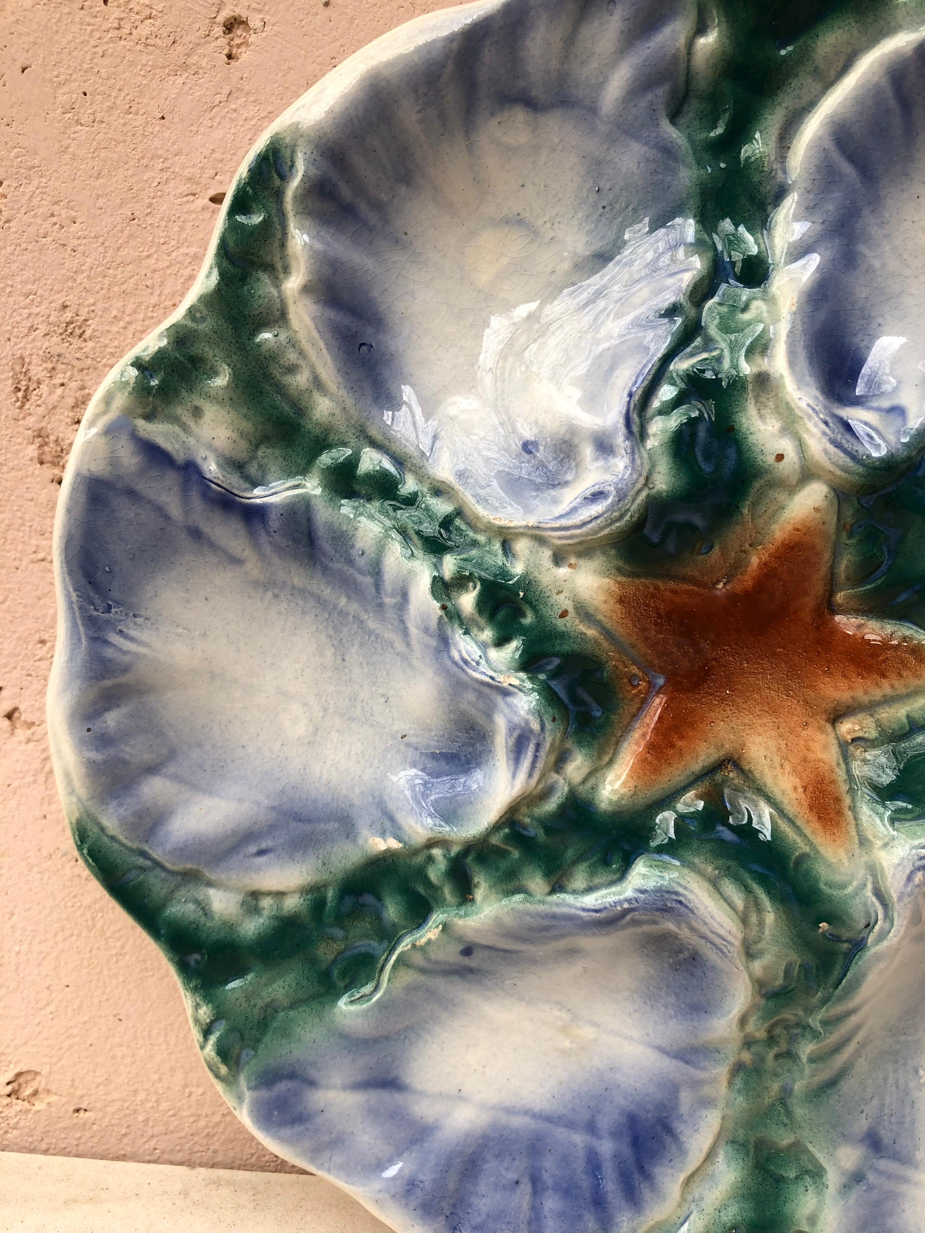 Art Deco Majolica Oyster Blue Starfish Plate Digoin, circa 1910