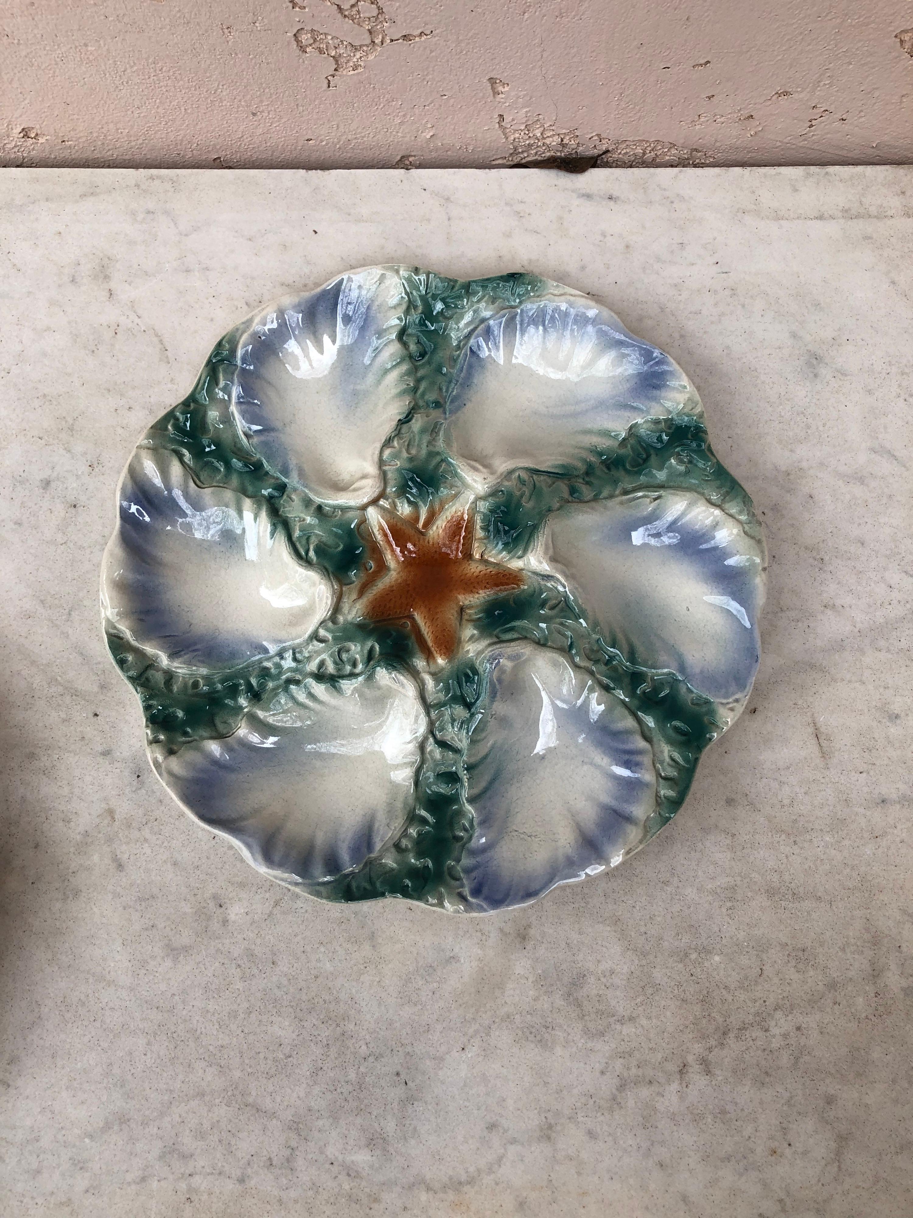 French Majolica Oyster Blue Starfish Plate Digoin, circa 1910