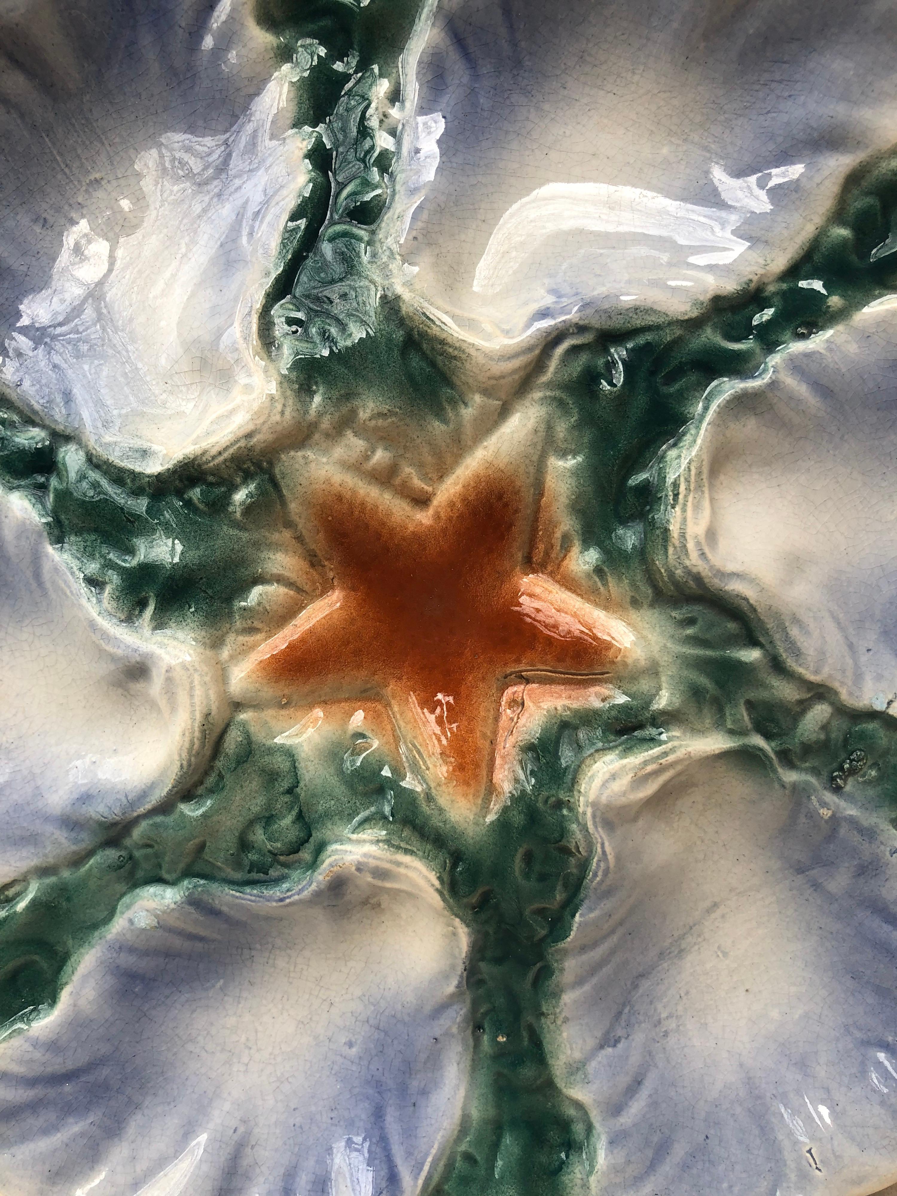 French Majolica Oyster Blue Starfish Plate Digoin, circa 1910