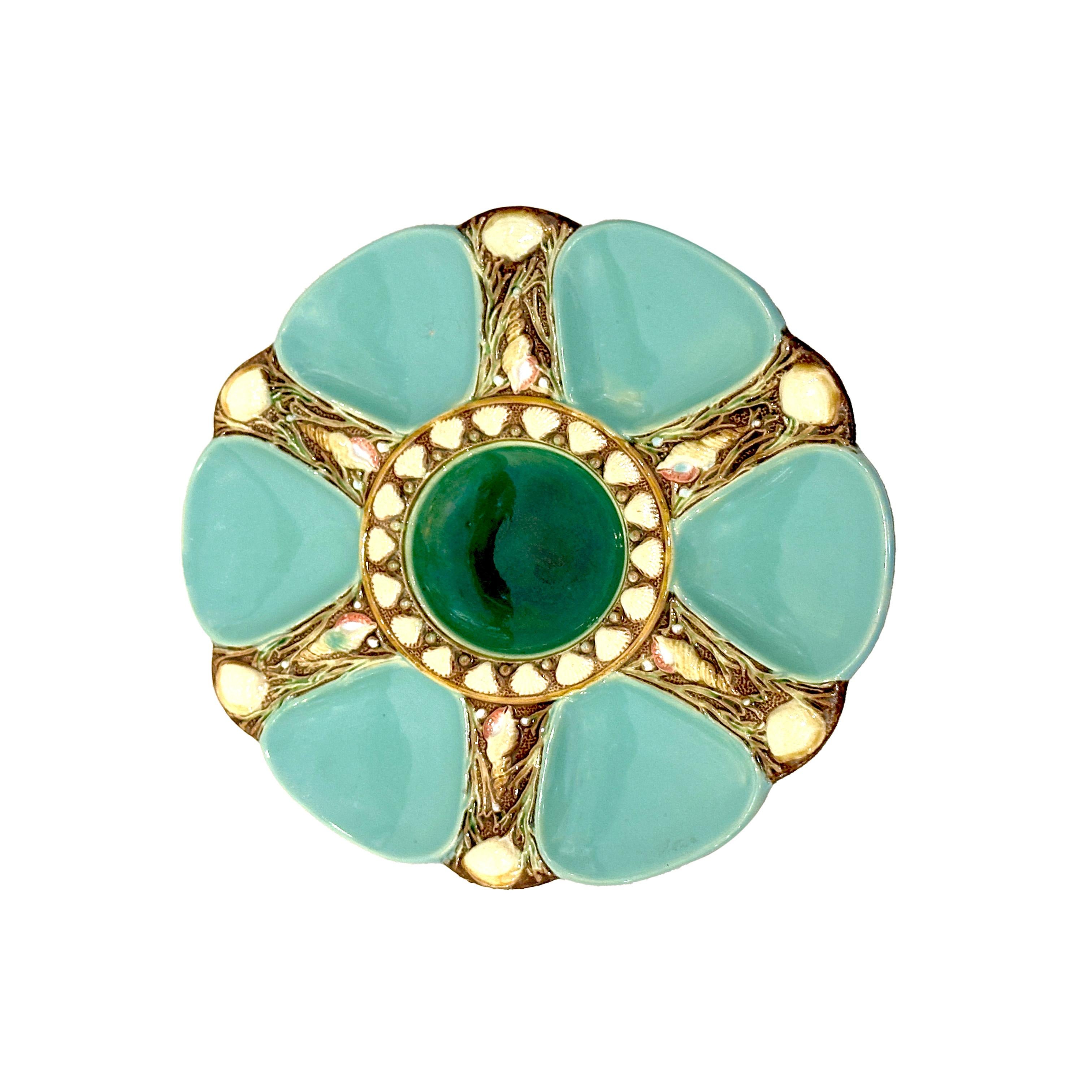 British Majolica Oyster Plate by Minton 1876 Turquoise For Sale
