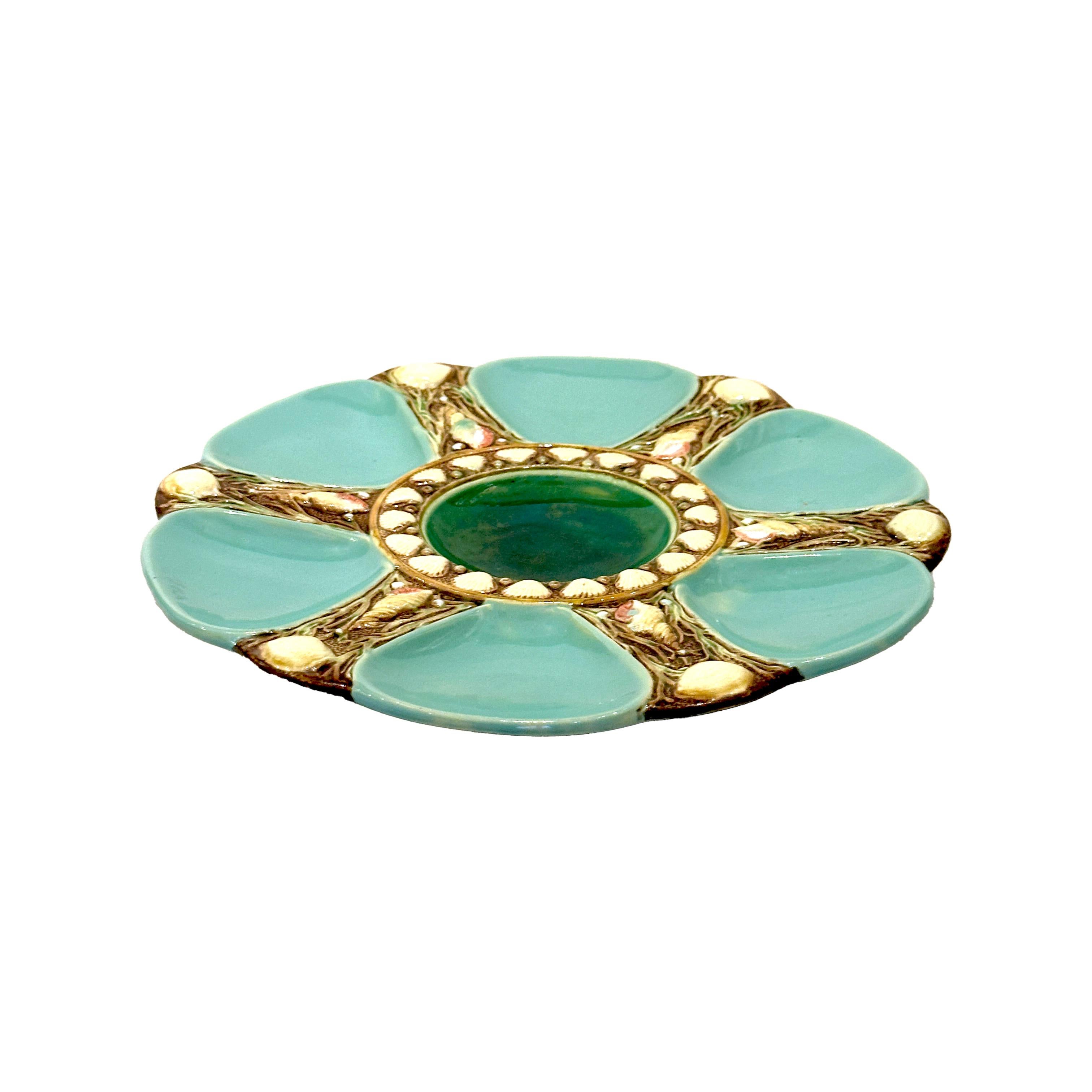 Glazed Majolica Oyster Plate by Minton 1876 Turquoise For Sale
