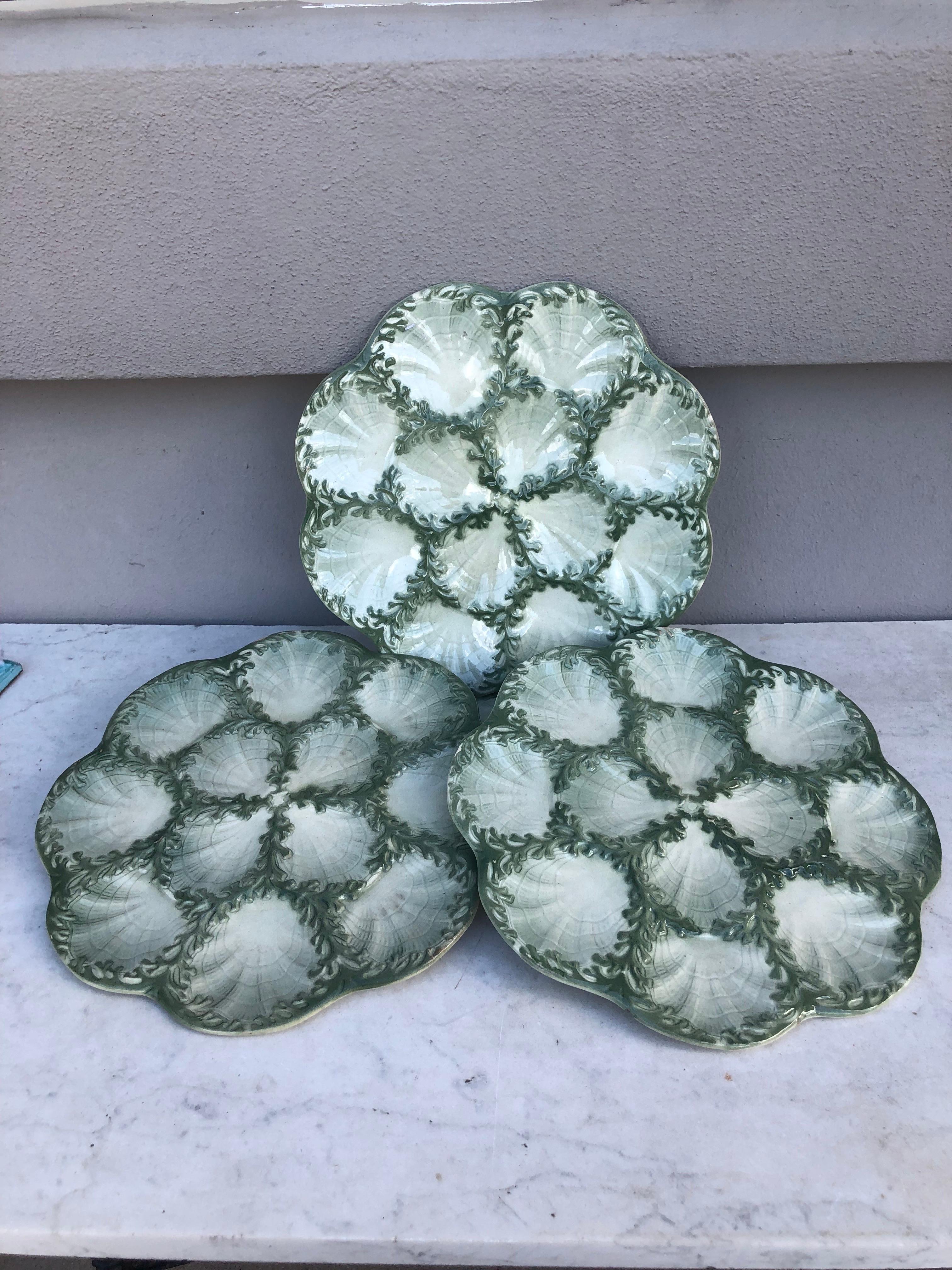 Large rare Majolica oyster plate Keller and Guerin Saint Clement, circa 1890.
Decorated with green seaweeds.
This plate exist in green and pink with 2 different sizes.