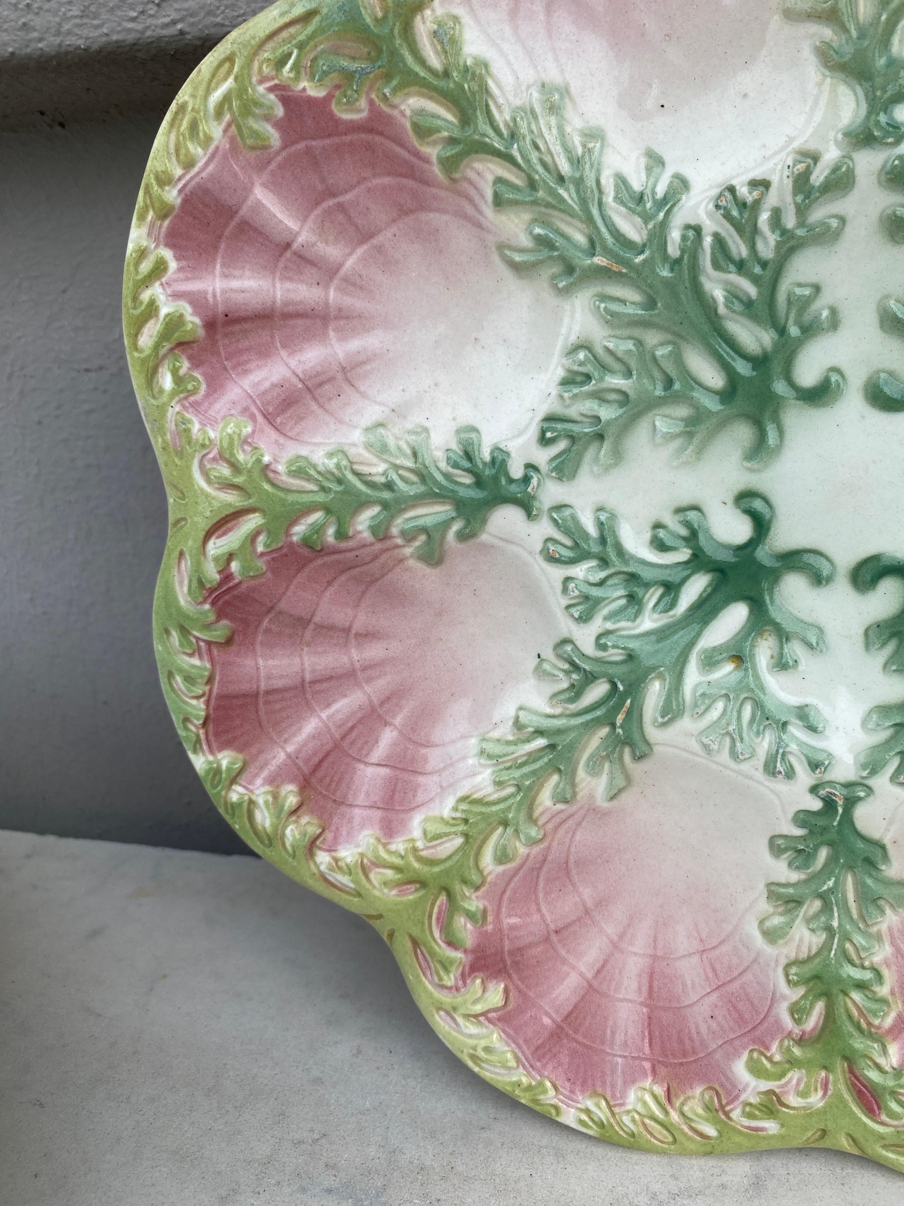 Large rare Majolica oyster plate Keller and Guerin Saint Clement, circa 1890.
Decorated with green seaweeds.
This plate exist in green and pink with 2 different sizes.