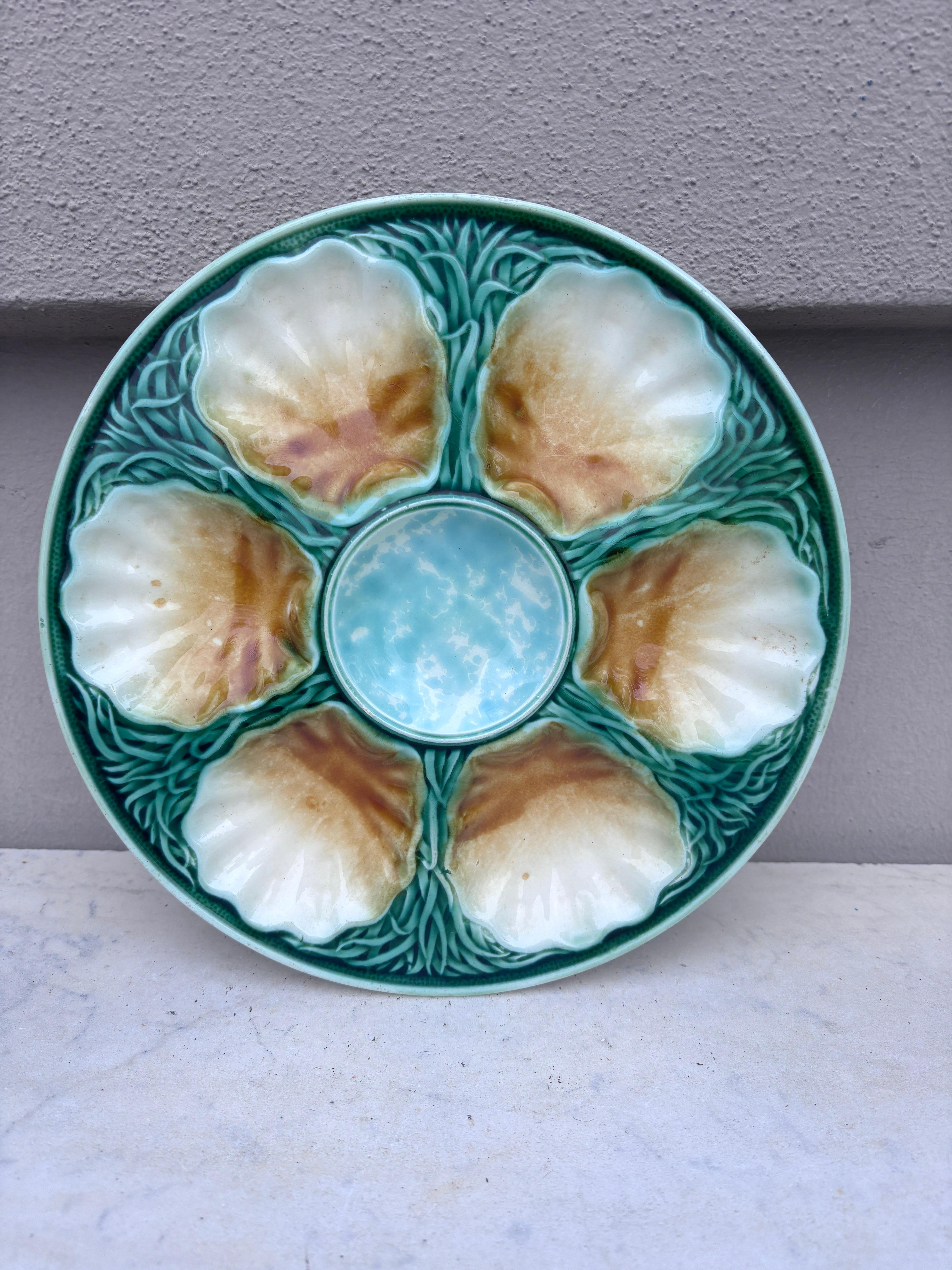 French Majolica Oyster Plate Sarreguemines, circa 1920 For Sale